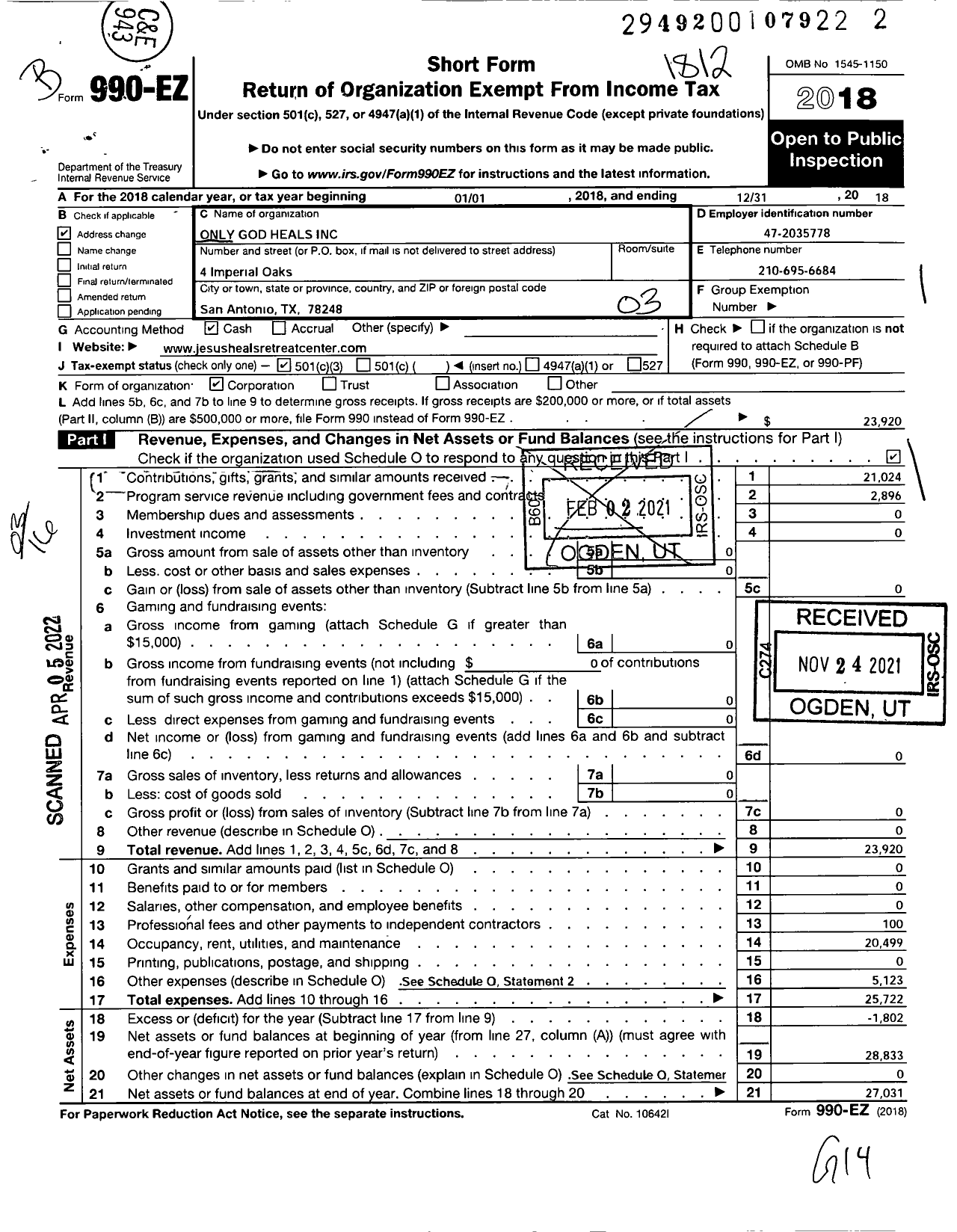 Image of first page of 2018 Form 990EZ for Only God Heals