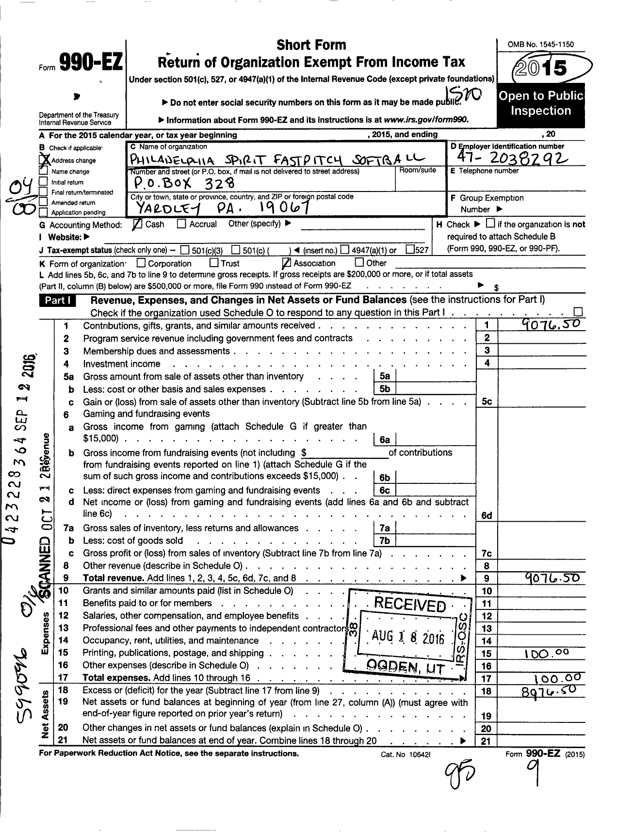 Image of first page of 2014 Form 990EO for Philadelphia Spirit Fastpitch Softball