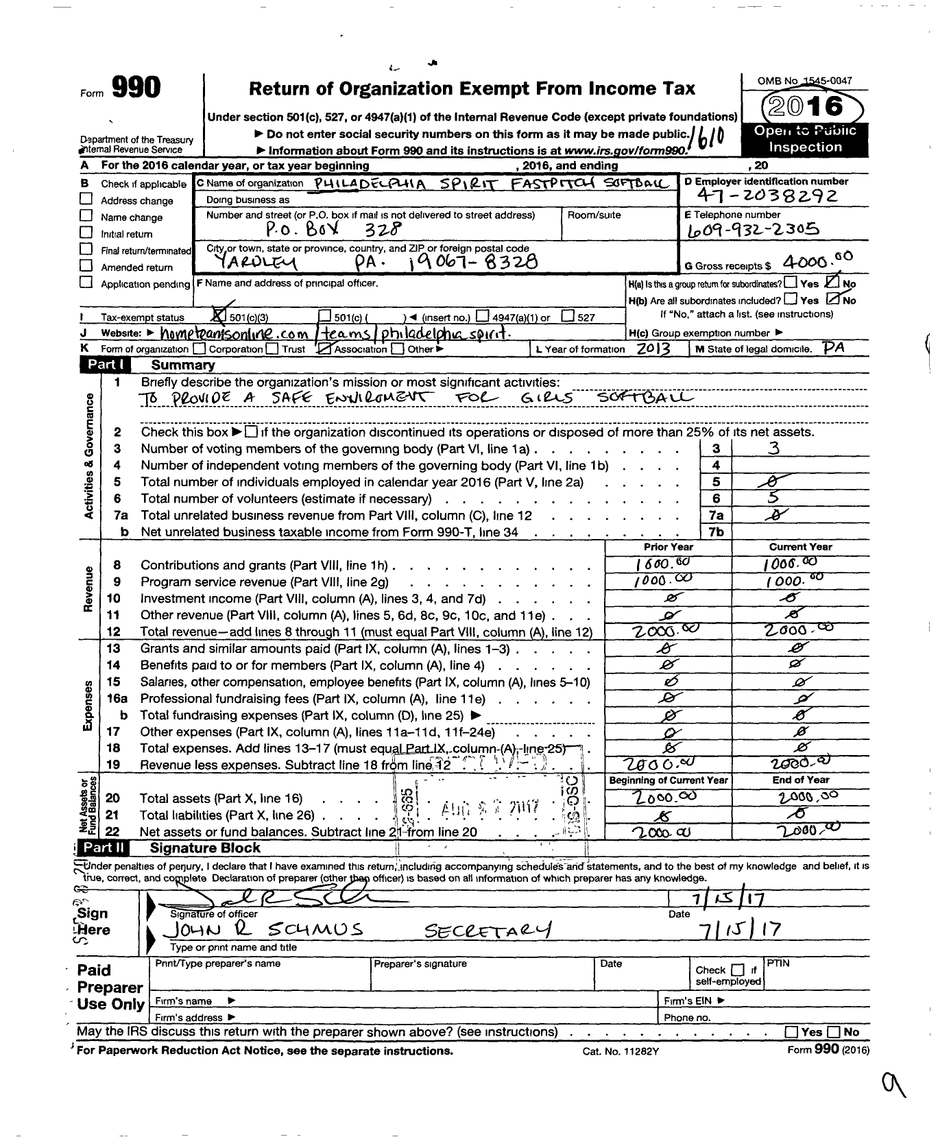 Image of first page of 2015 Form 990 for Philadelphia Spirit Fastpitch Softball