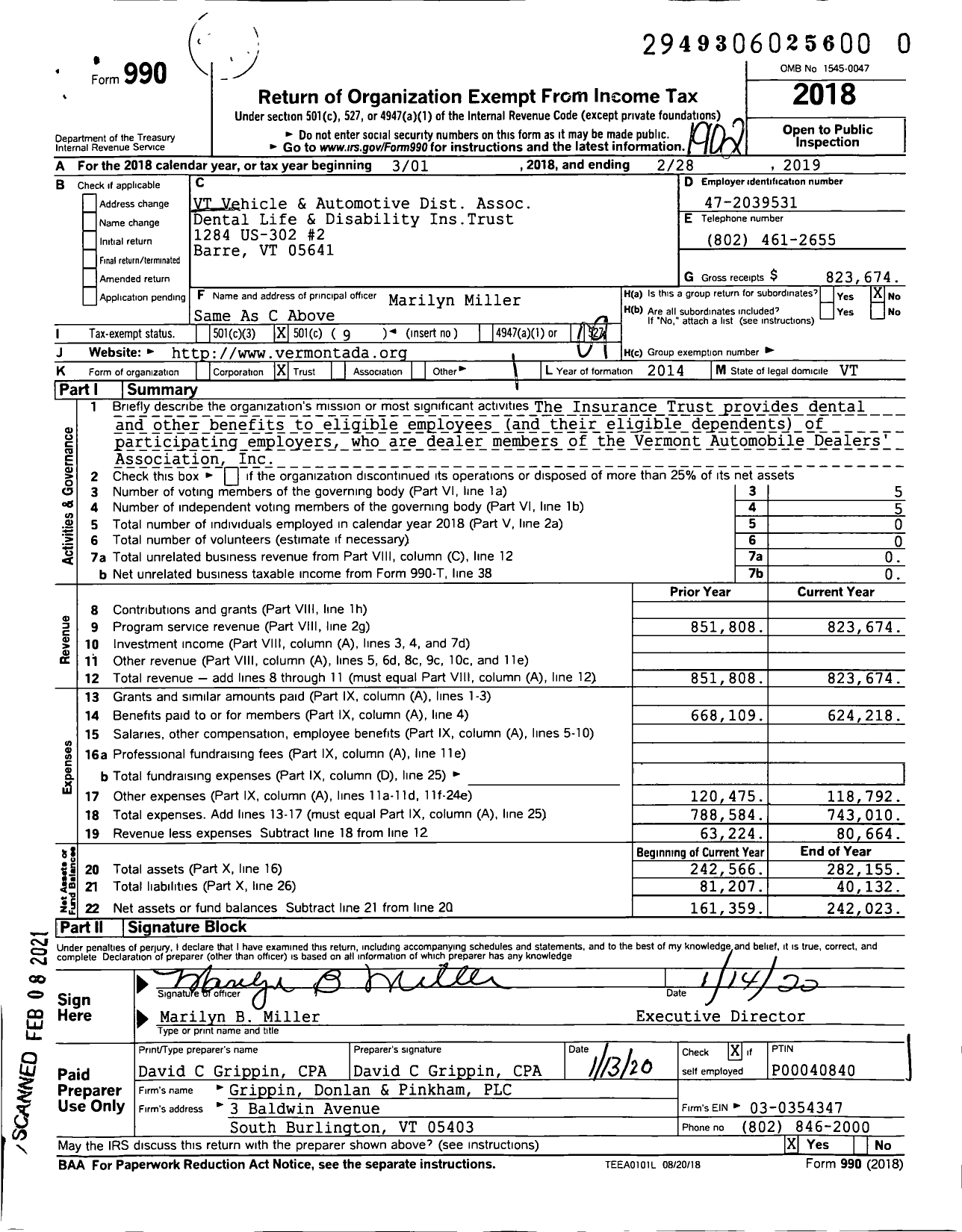 Image of first page of 2018 Form 990O for VT Vehicle & Automotive Dist Assoc Dental Life & Disability InsTrust