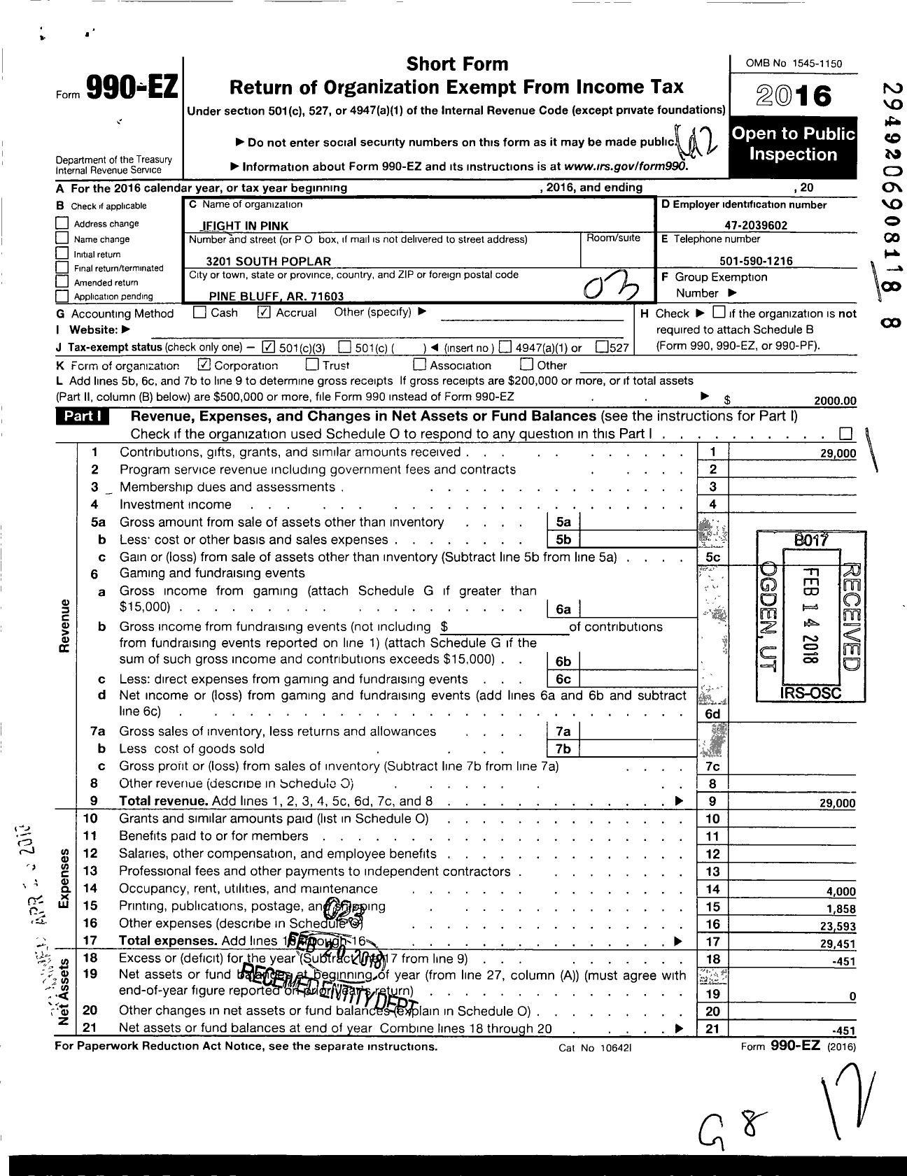 Image of first page of 2016 Form 990EZ for Ifight in Pink