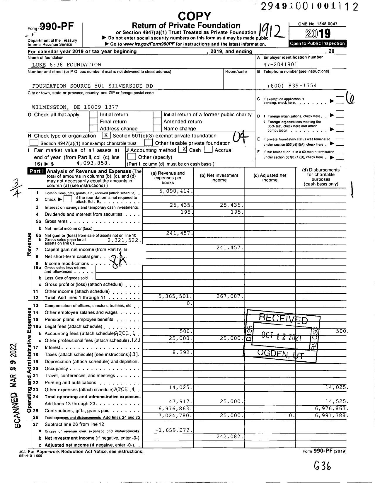 Image of first page of 2019 Form 990PF for Luke 638 Foundation