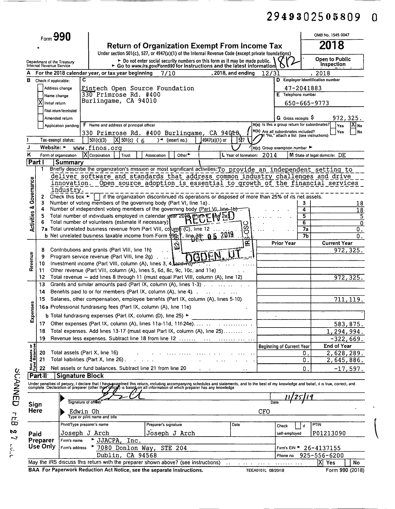 Image of first page of 2018 Form 990O for Fintech Open Source Foundation