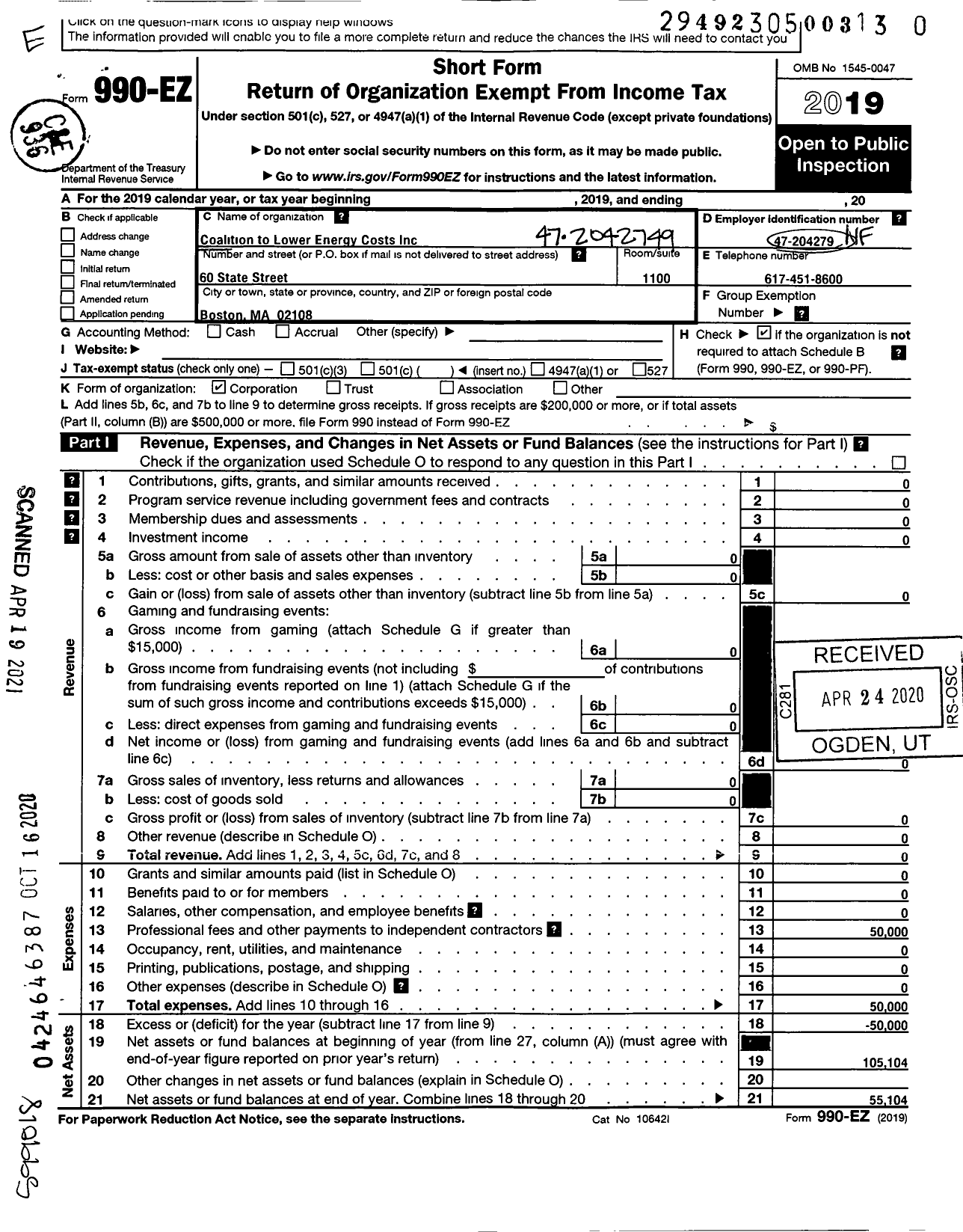 Image of first page of 2019 Form 990EO for Coalition to Lower Energy Costs