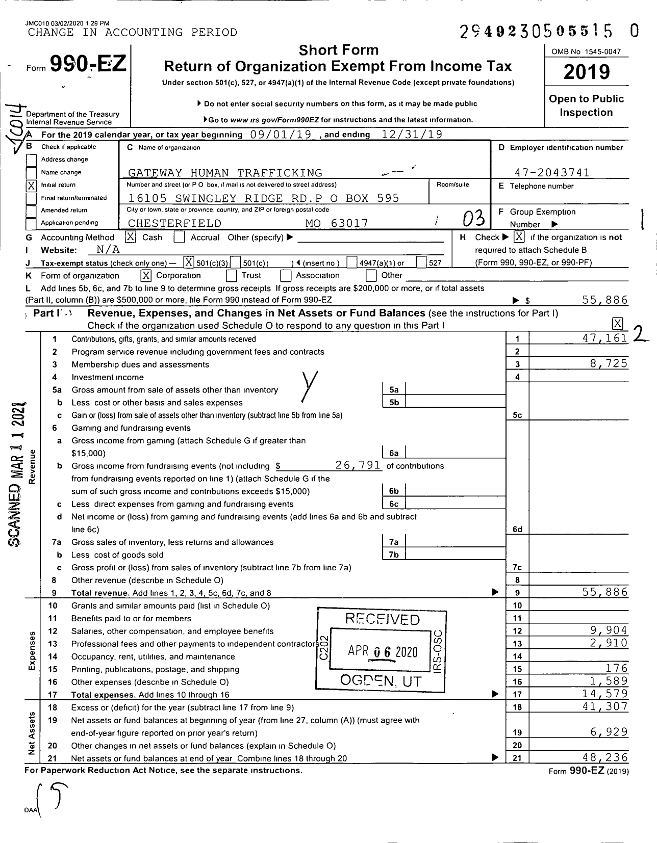 Image of first page of 2019 Form 990EZ for Gateway Alliance Against Human Trafficking