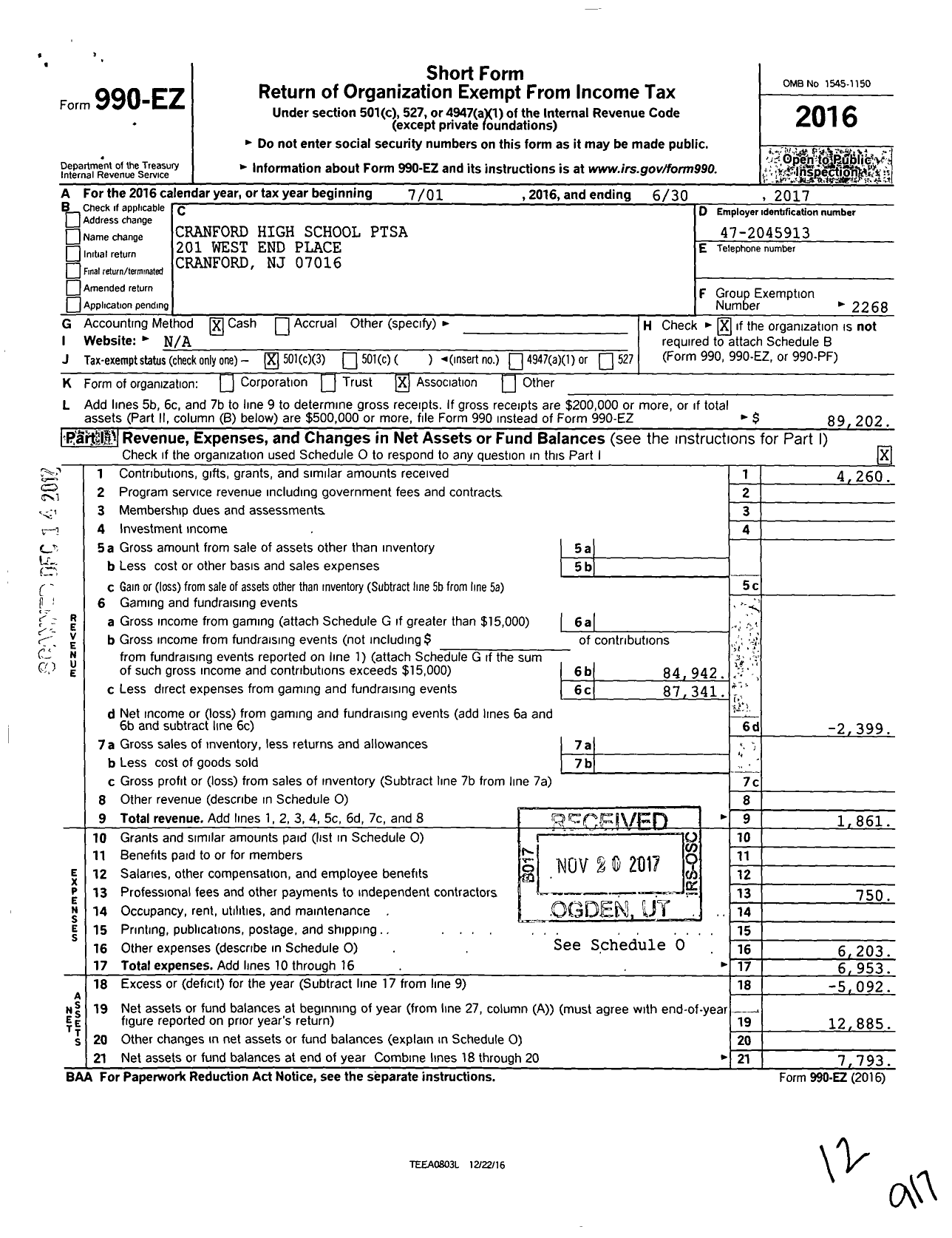 Image of first page of 2016 Form 990EZ for PTA New Jersey Congress of Parents and Teachers / 4435517 Cranford High School PTA