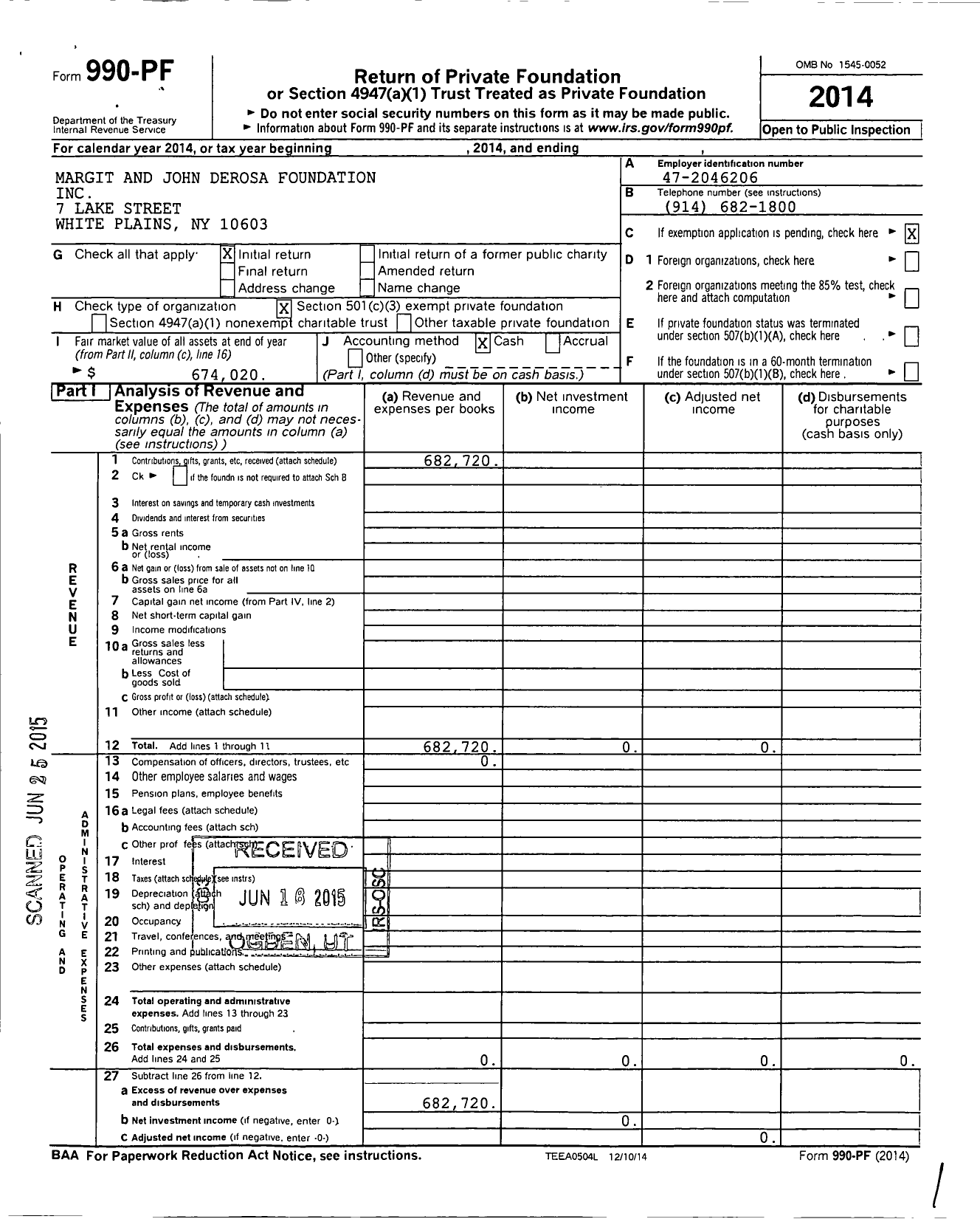 Image of first page of 2014 Form 990PF for Margit and John Derosa Foundation