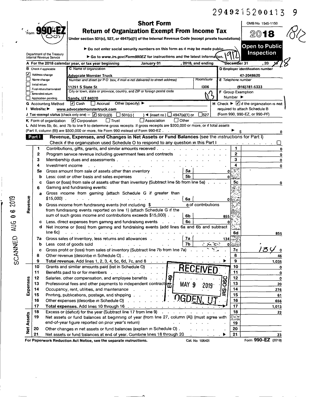 Image of first page of 2019 Form 990EZ for Advocate Monster Truck