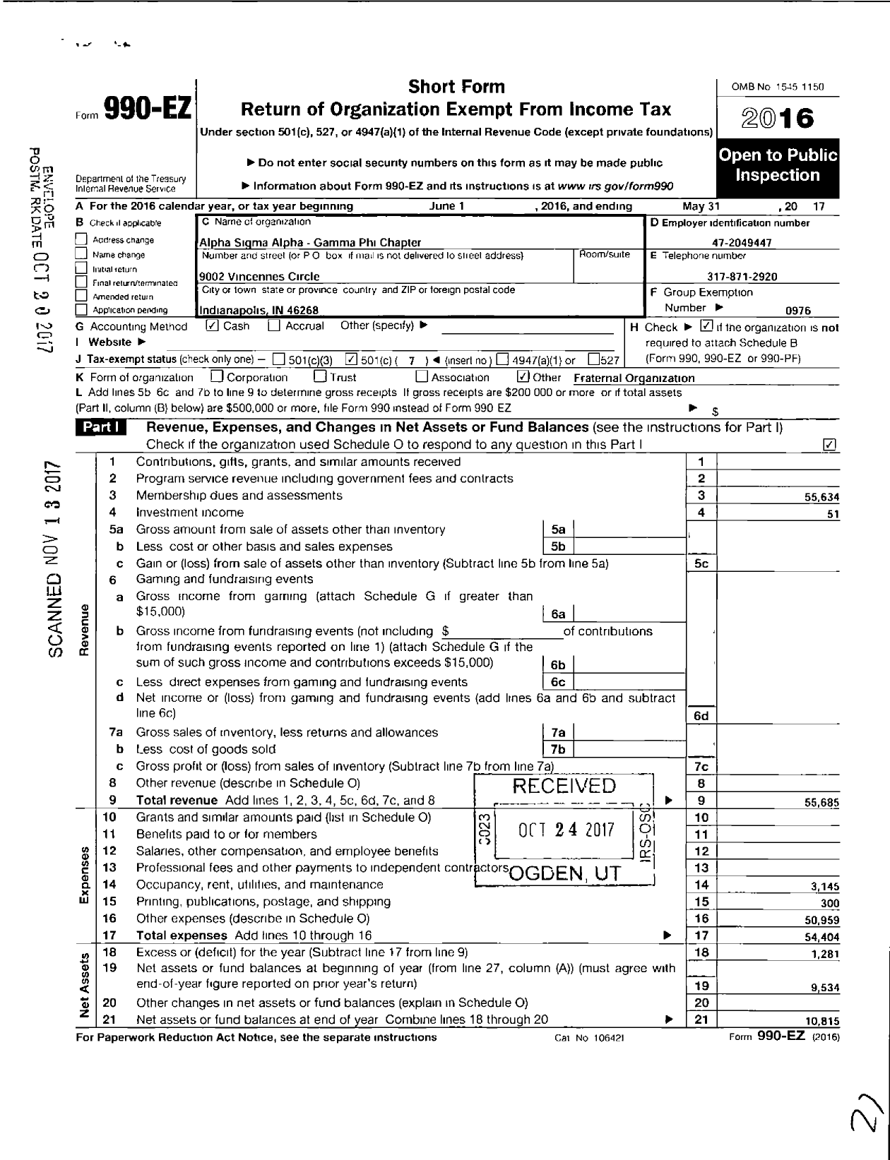 Image of first page of 2016 Form 990EO for ALPHA SIGMA ALPHA SORORITY Gamma Phi Chapter