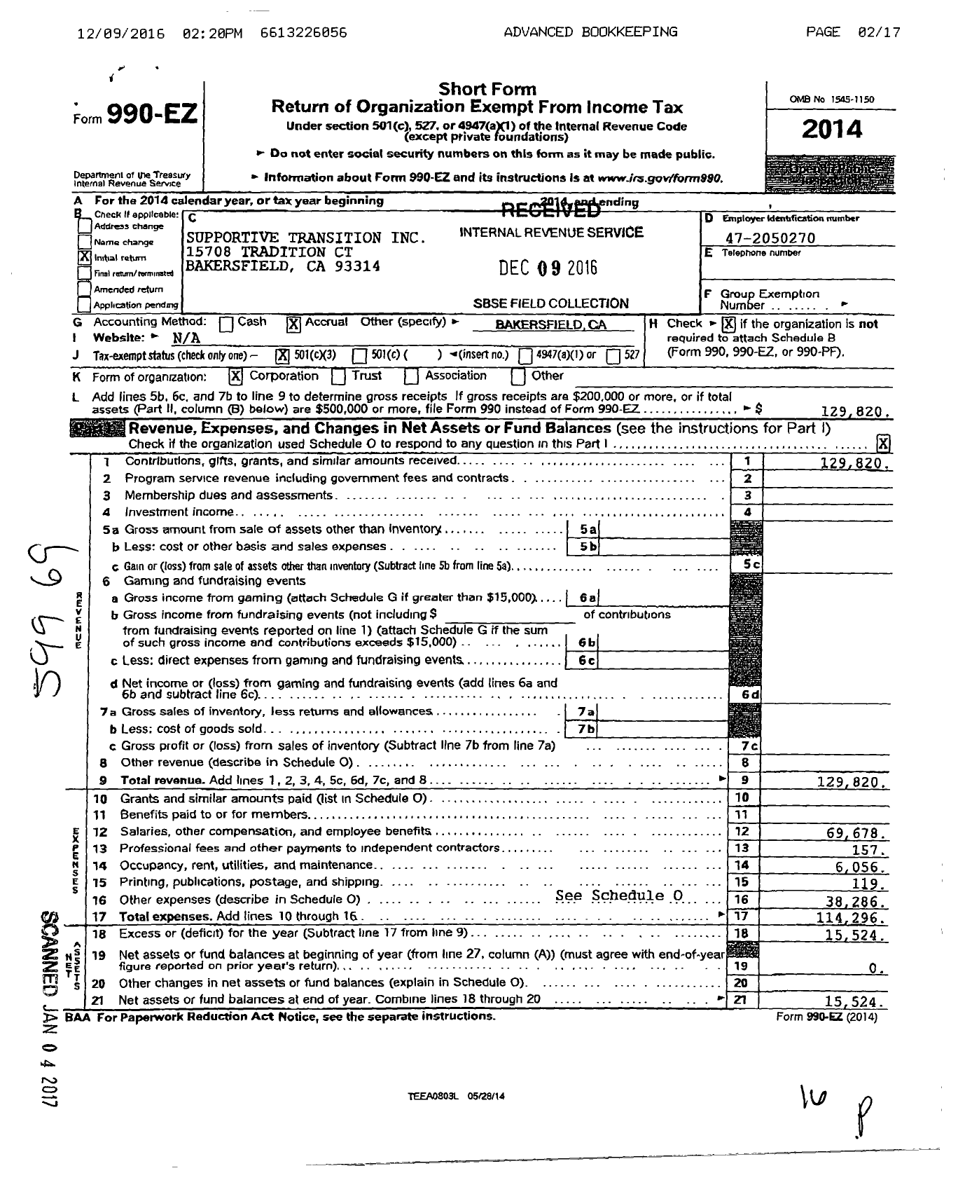 Image of first page of 2014 Form 990EZ for Supportive Transition