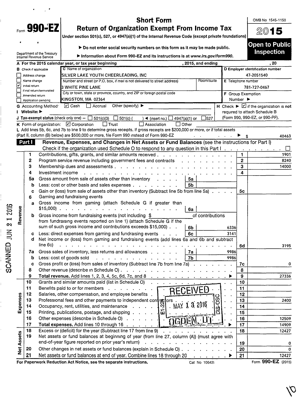 Image of first page of 2015 Form 990EO for Silver Lake Youth Cheerleading