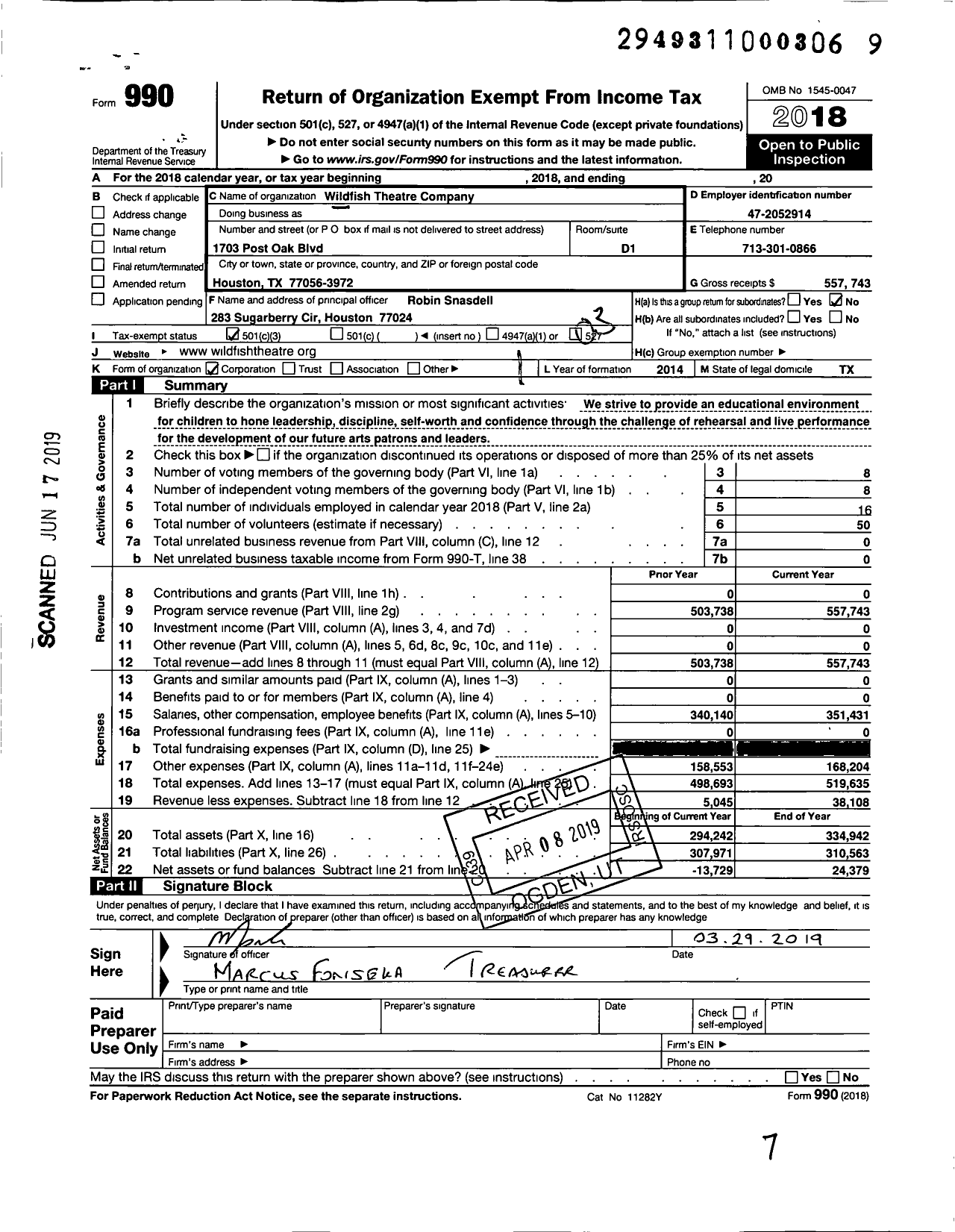 Image of first page of 2018 Form 990 for Wildfish Theatre Company