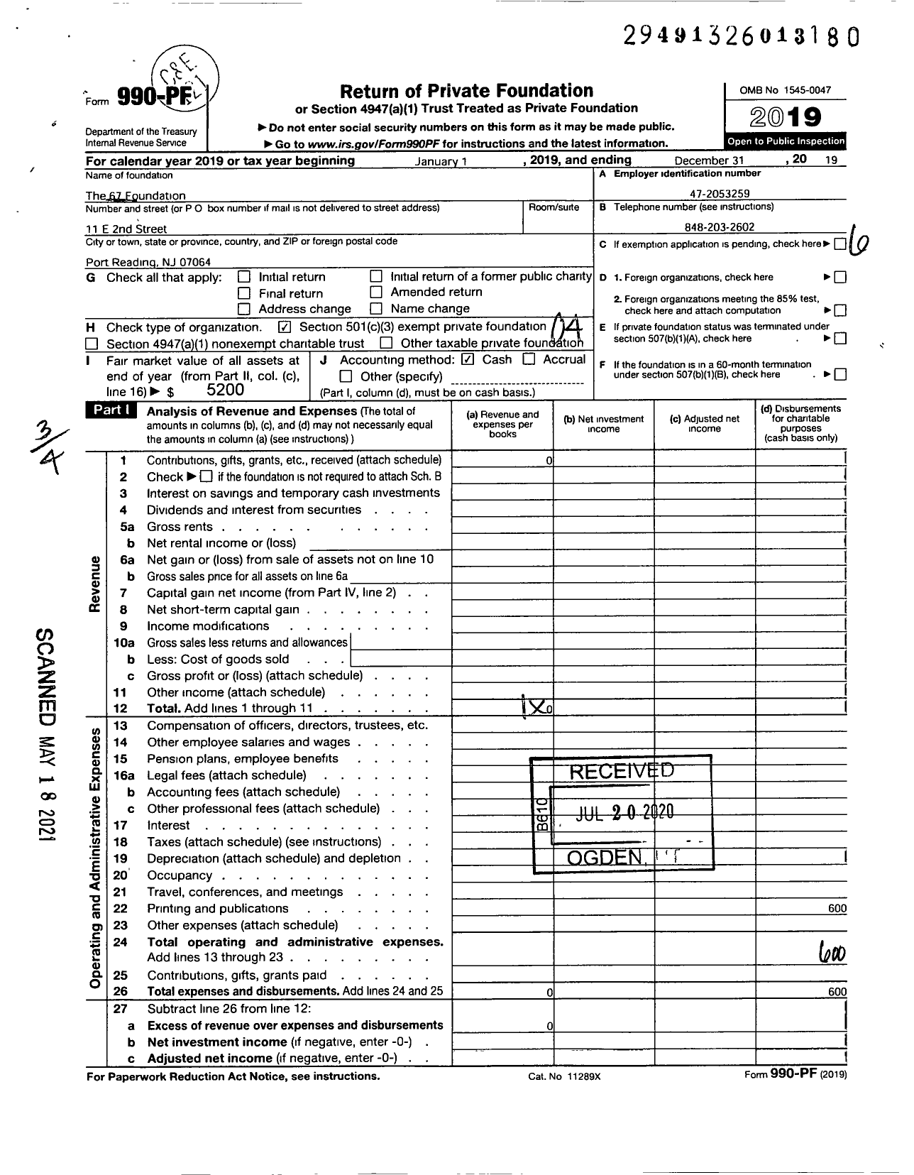 Image of first page of 2019 Form 990PF for 67 Foundation