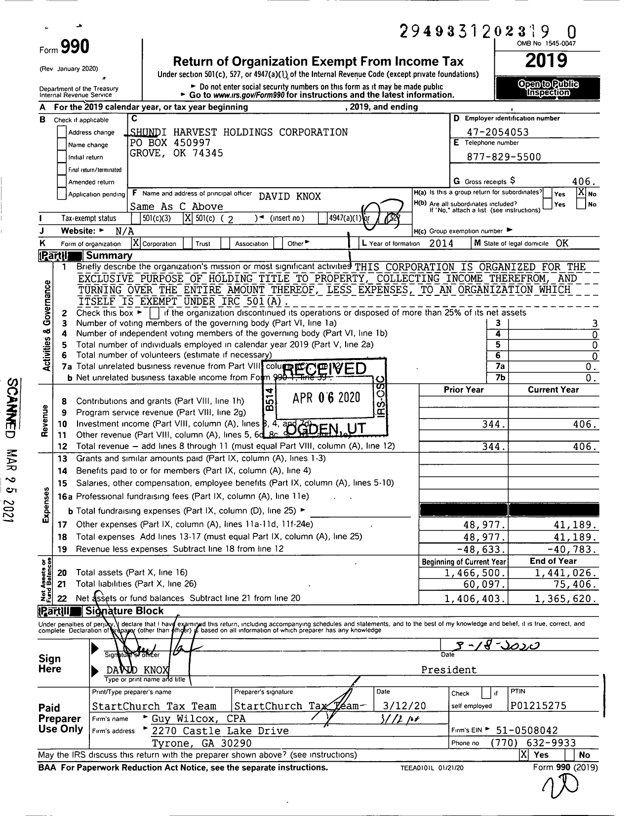 Image of first page of 2019 Form 990O for Shundi Harvest Holdings Corporation