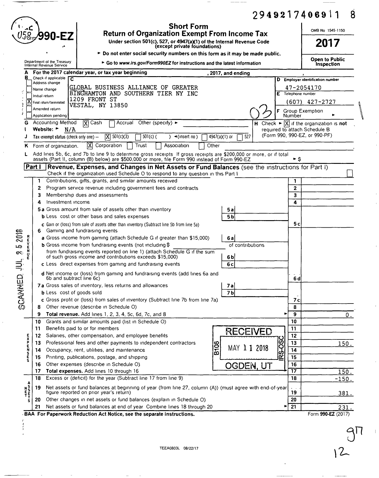 Image of first page of 2017 Form 990EZ for Global Business Alliance of Greater Binghamton and Southern Tier