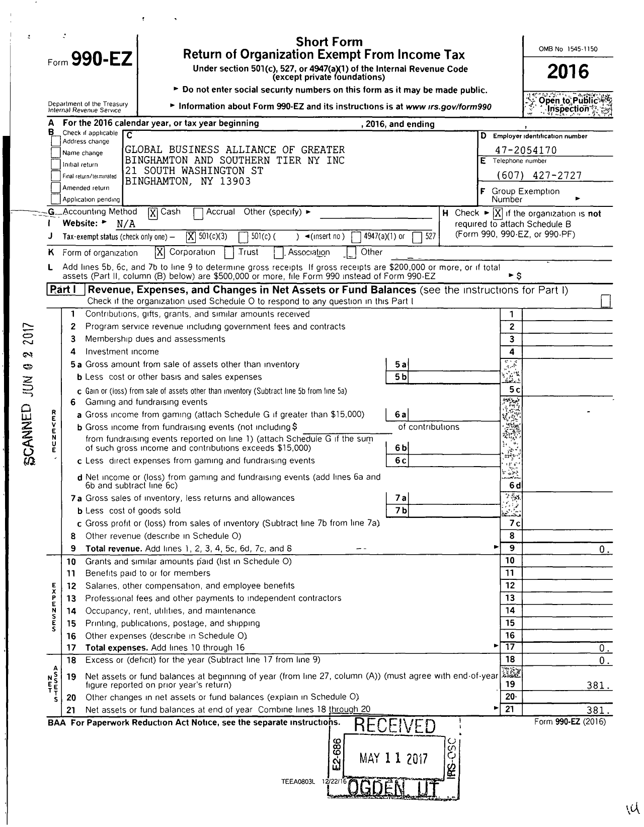 Image of first page of 2016 Form 990EZ for Global Business Alliance of Greater Binghamton and Southern Tier