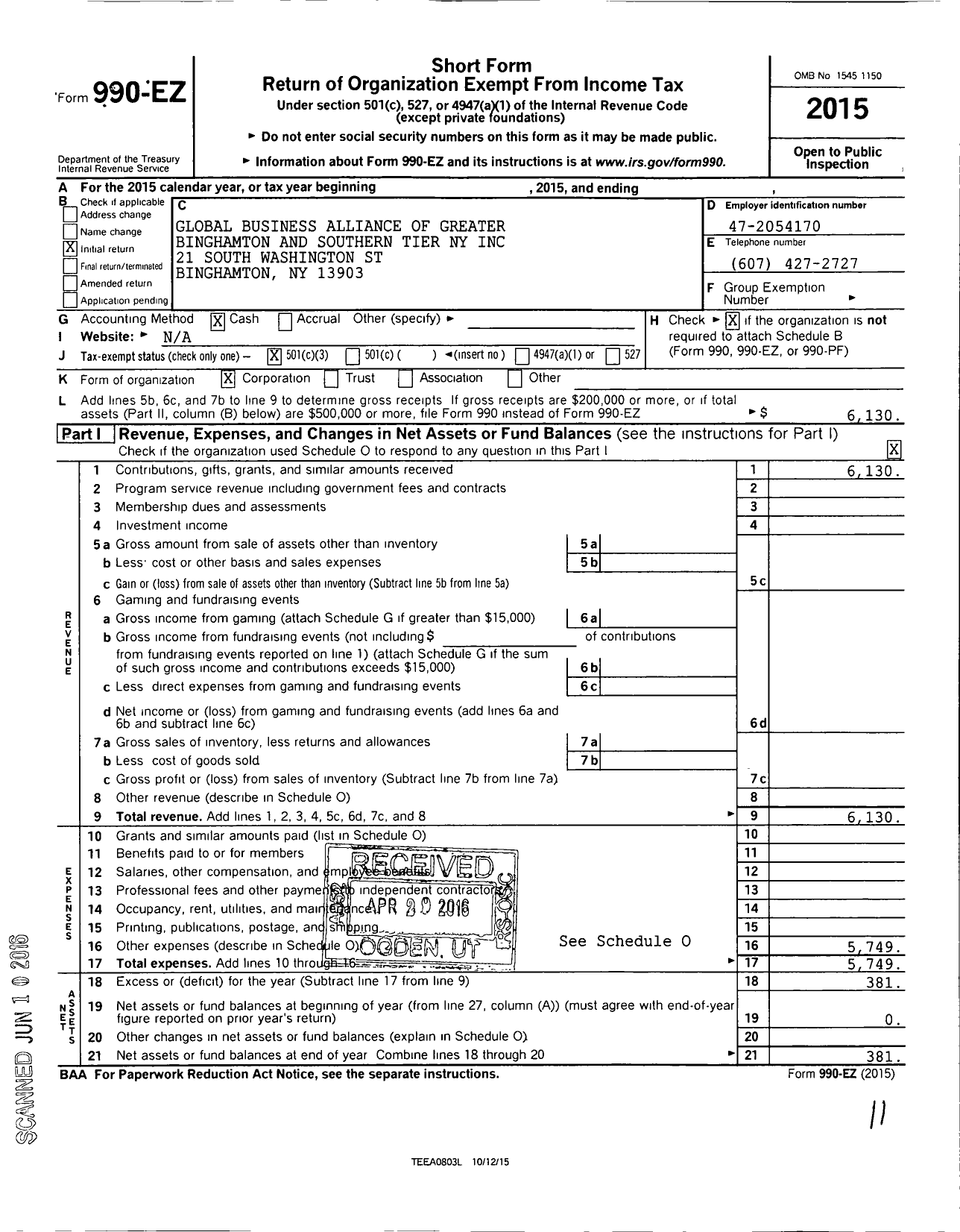 Image of first page of 2015 Form 990EZ for Global Business Alliance of Greater Binghamton and Southern Tier