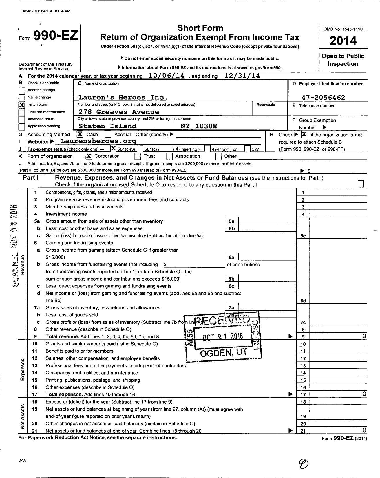 Image of first page of 2014 Form 990EZ for Lauren's Heroes