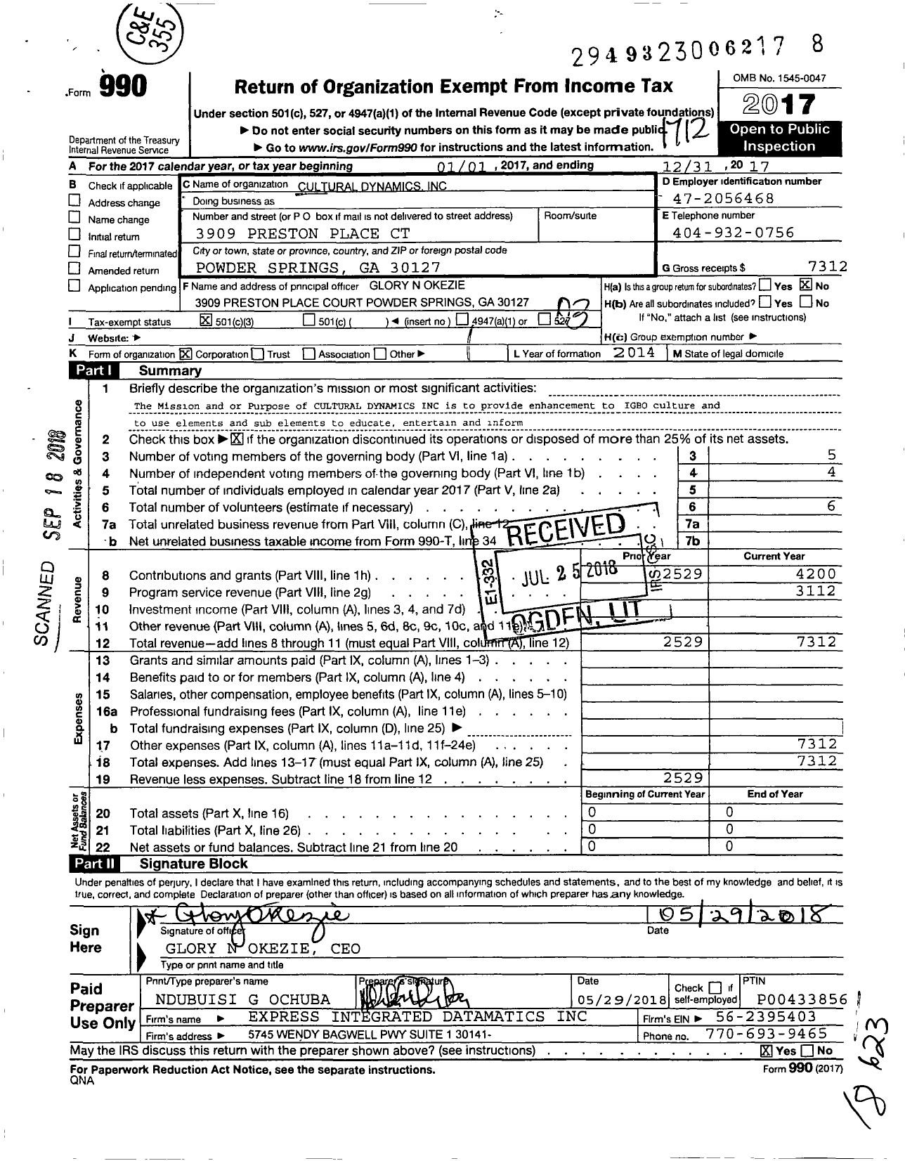 Image of first page of 2017 Form 990 for Cultural Dynamics