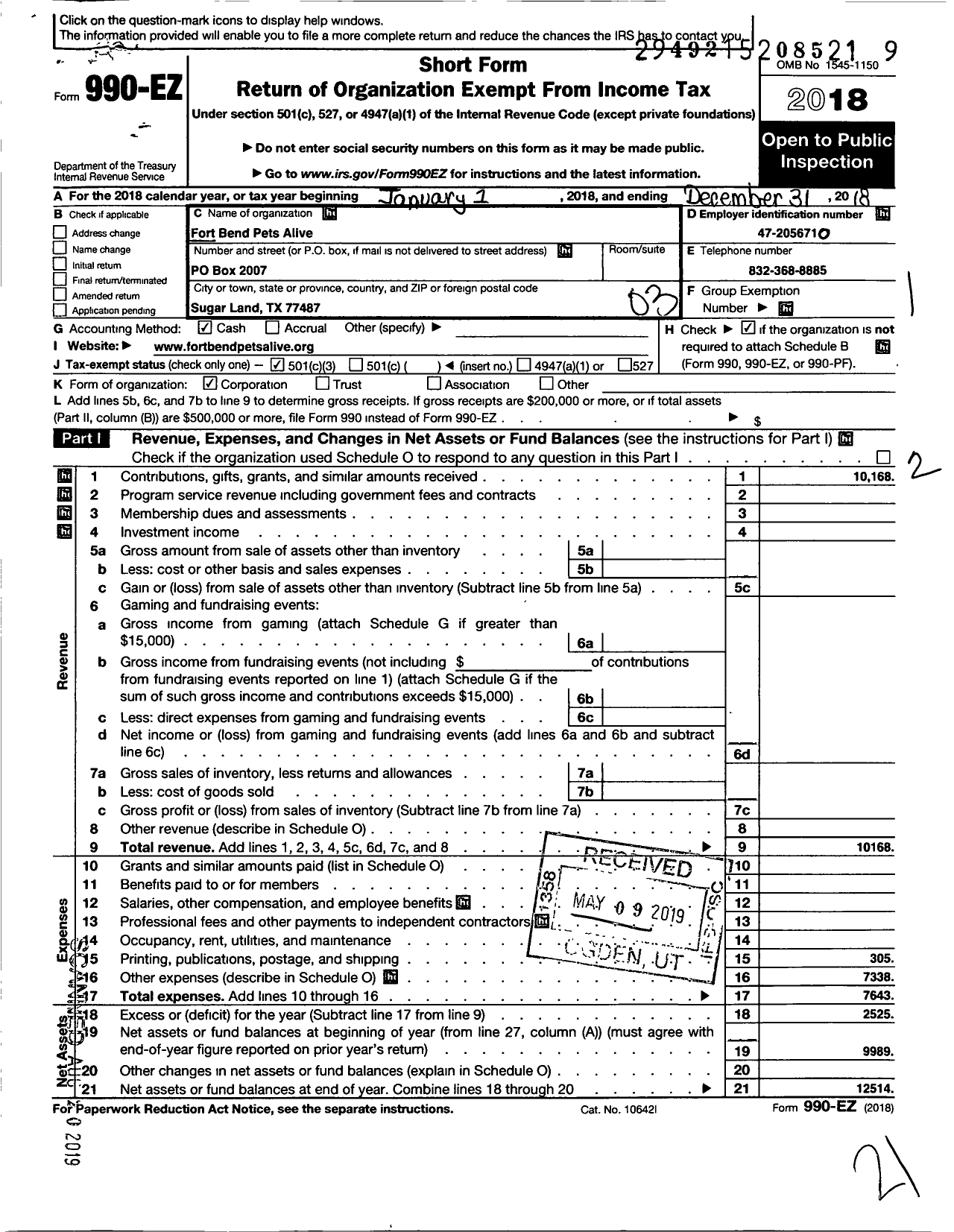 Image of first page of 2018 Form 990EZ for Fort Bend Pets Alive