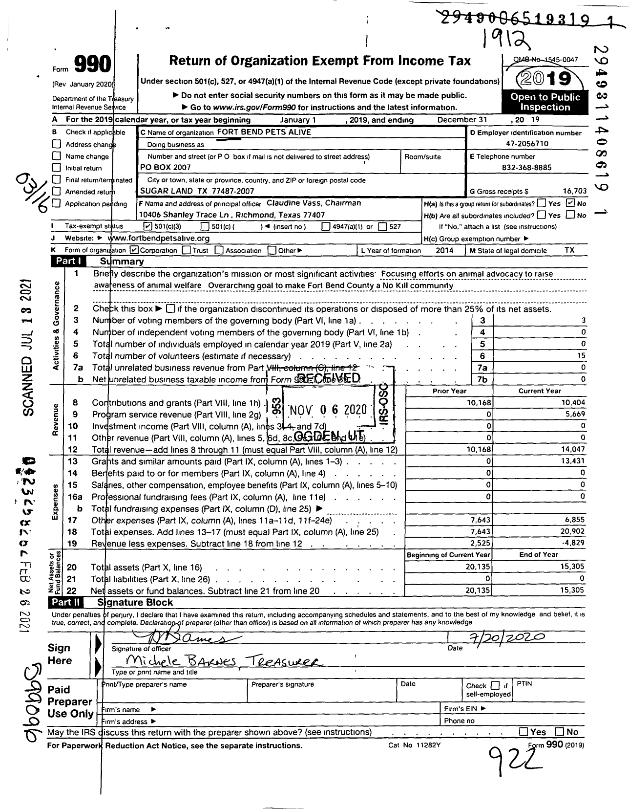 Image of first page of 2019 Form 990 for Fort Bend Pets Alive