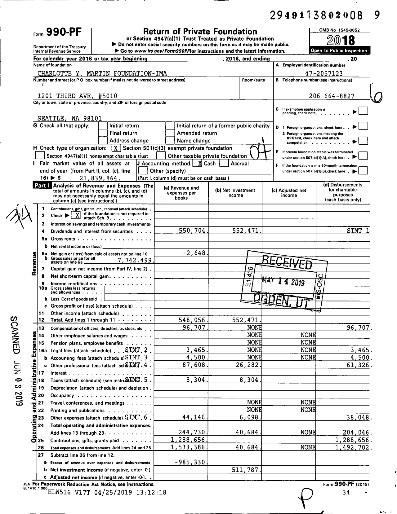 Image of first page of 2018 Form 990PF for Charlotte Y Martin Foundation-Ima