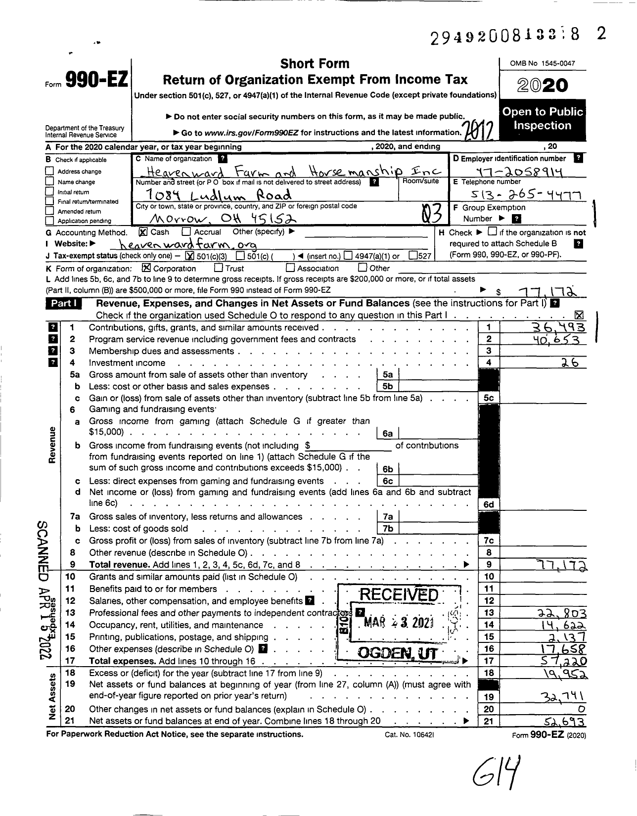 Image of first page of 2020 Form 990EZ for Heavenward Farm and Horsemanship