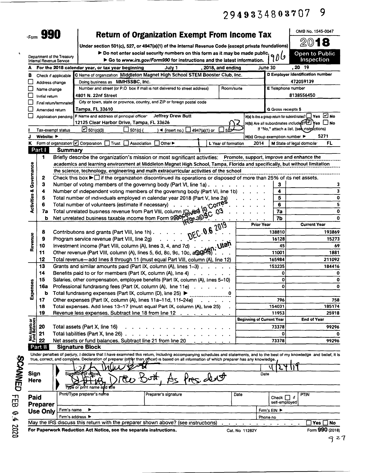 Image of first page of 2018 Form 990 for Parent Booster USA / Middleton Magnet High School Stem