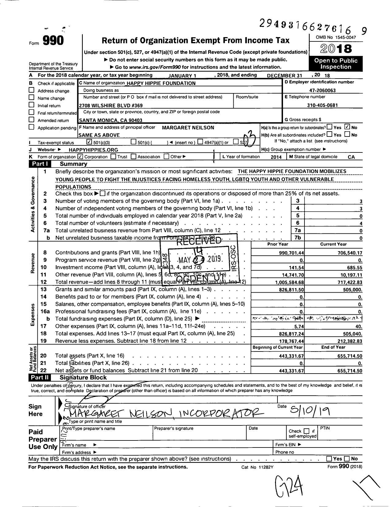 Image of first page of 2018 Form 990 for Happy Hippie Foundation