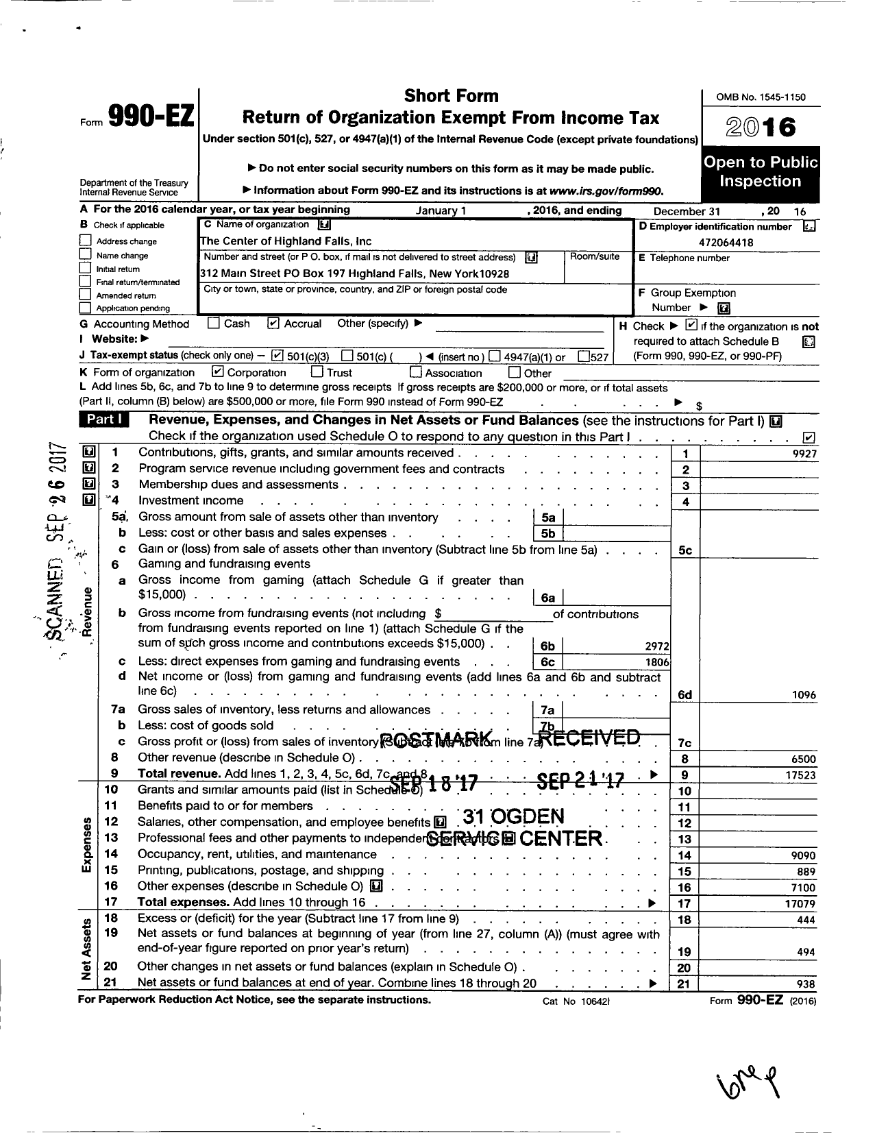 Image of first page of 2016 Form 990EZ for Center of Highland Falls