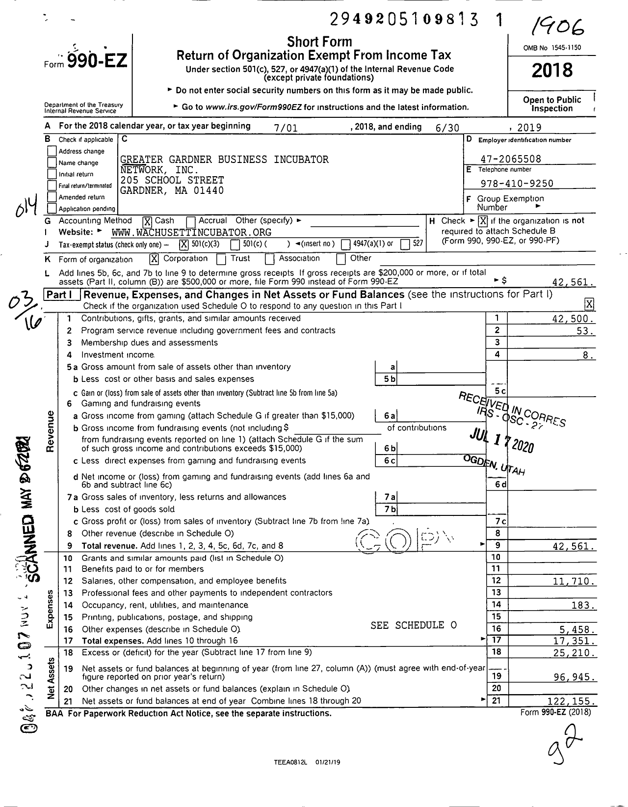 Image of first page of 2018 Form 990EZ for Wachusett Business Incubator