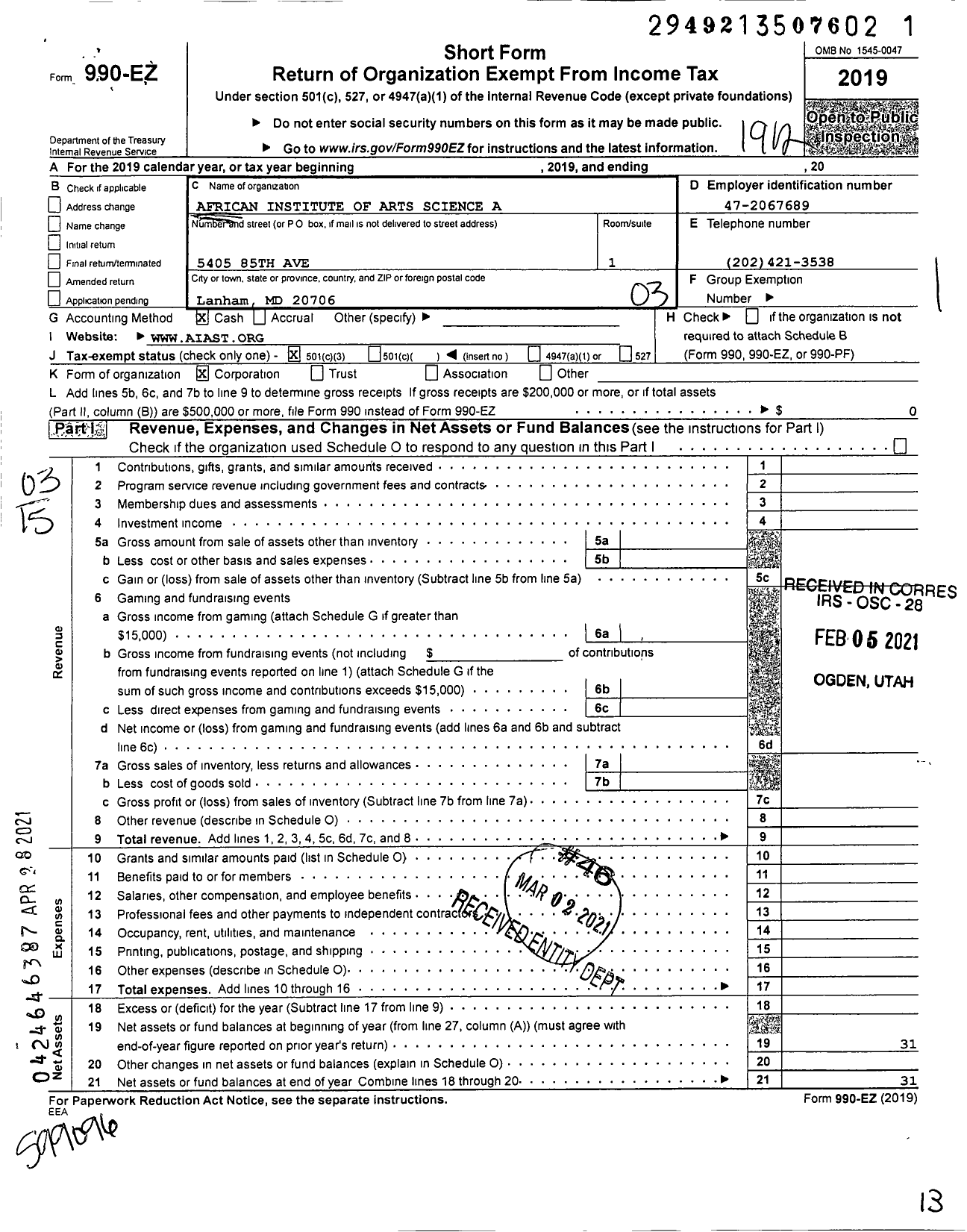 Image of first page of 2019 Form 990EZ for African Institute of Arts Science A