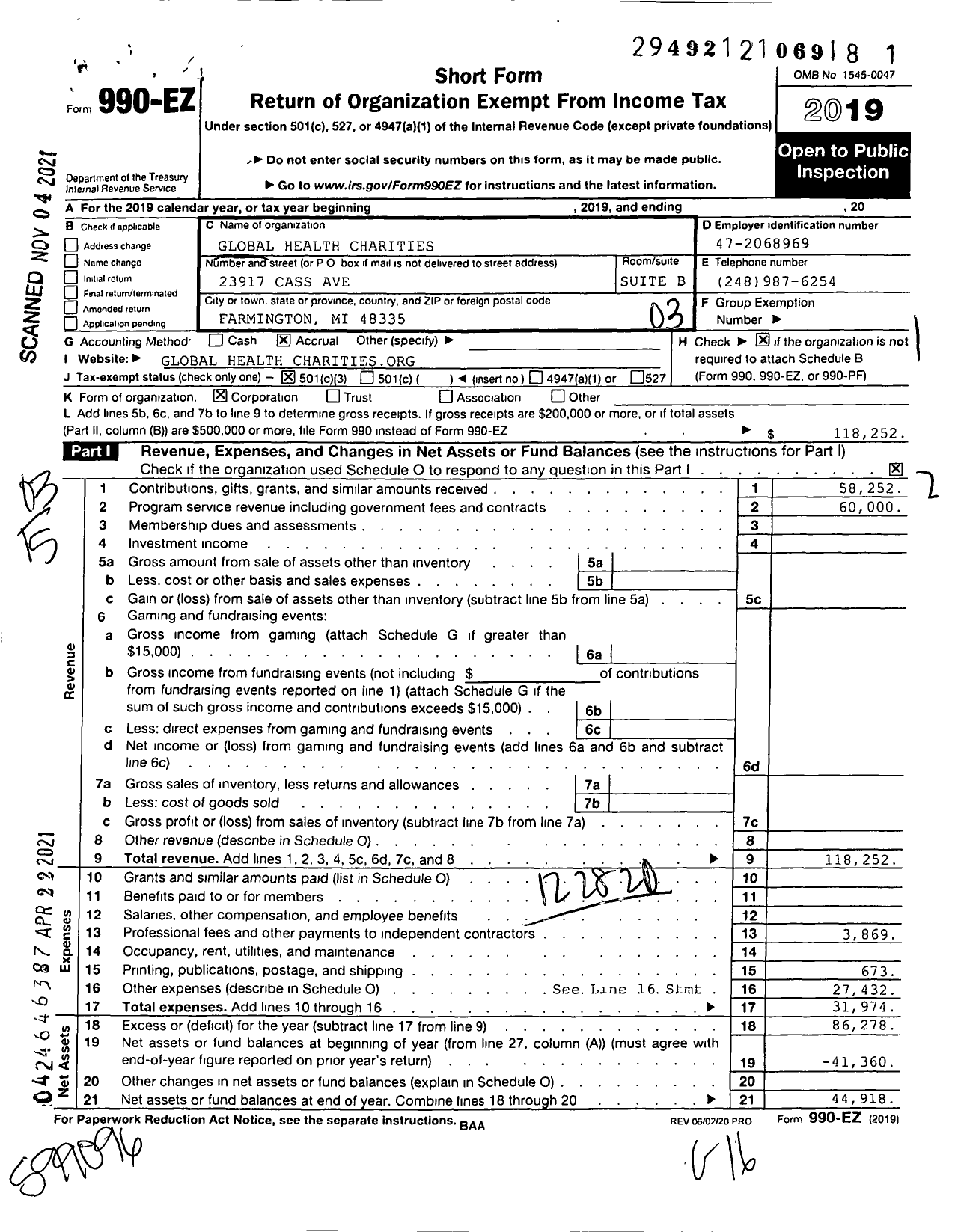 Image of first page of 2019 Form 990EZ for Global Health Charities