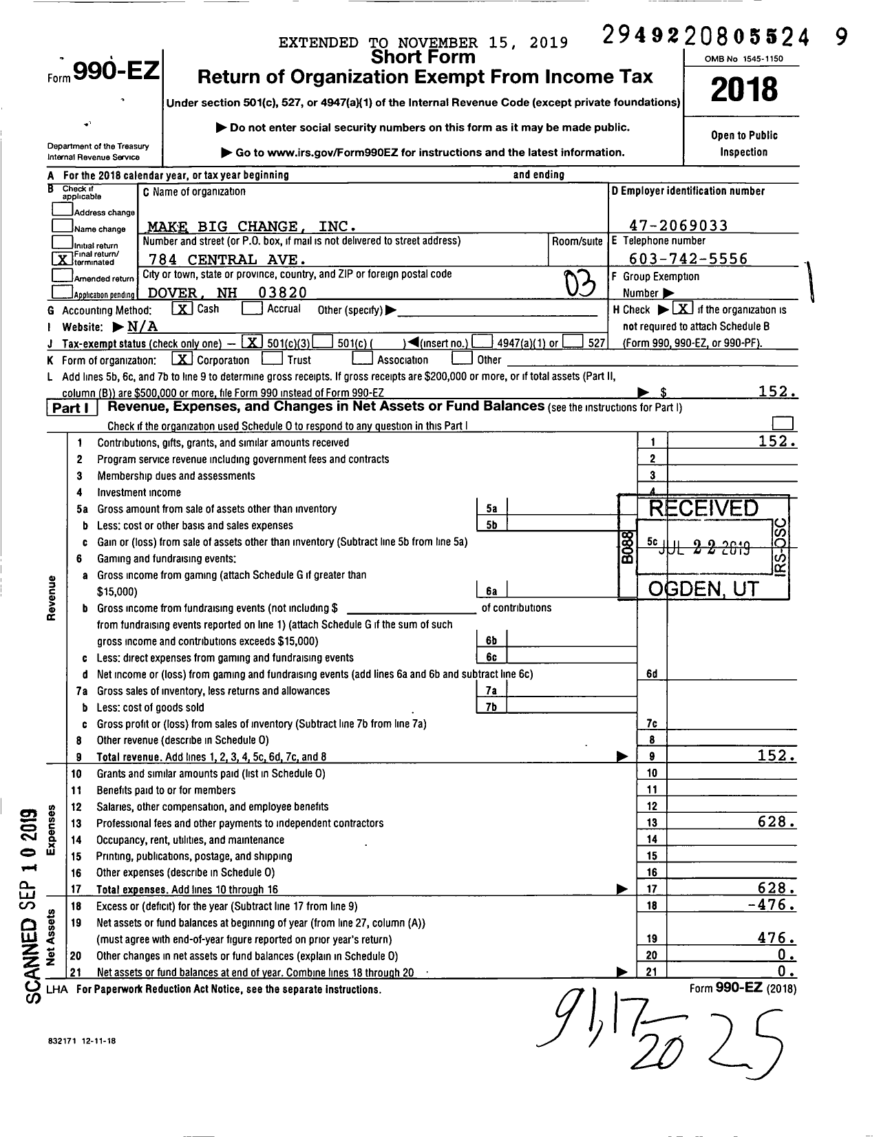 Image of first page of 2018 Form 990EZ for Make Big Change