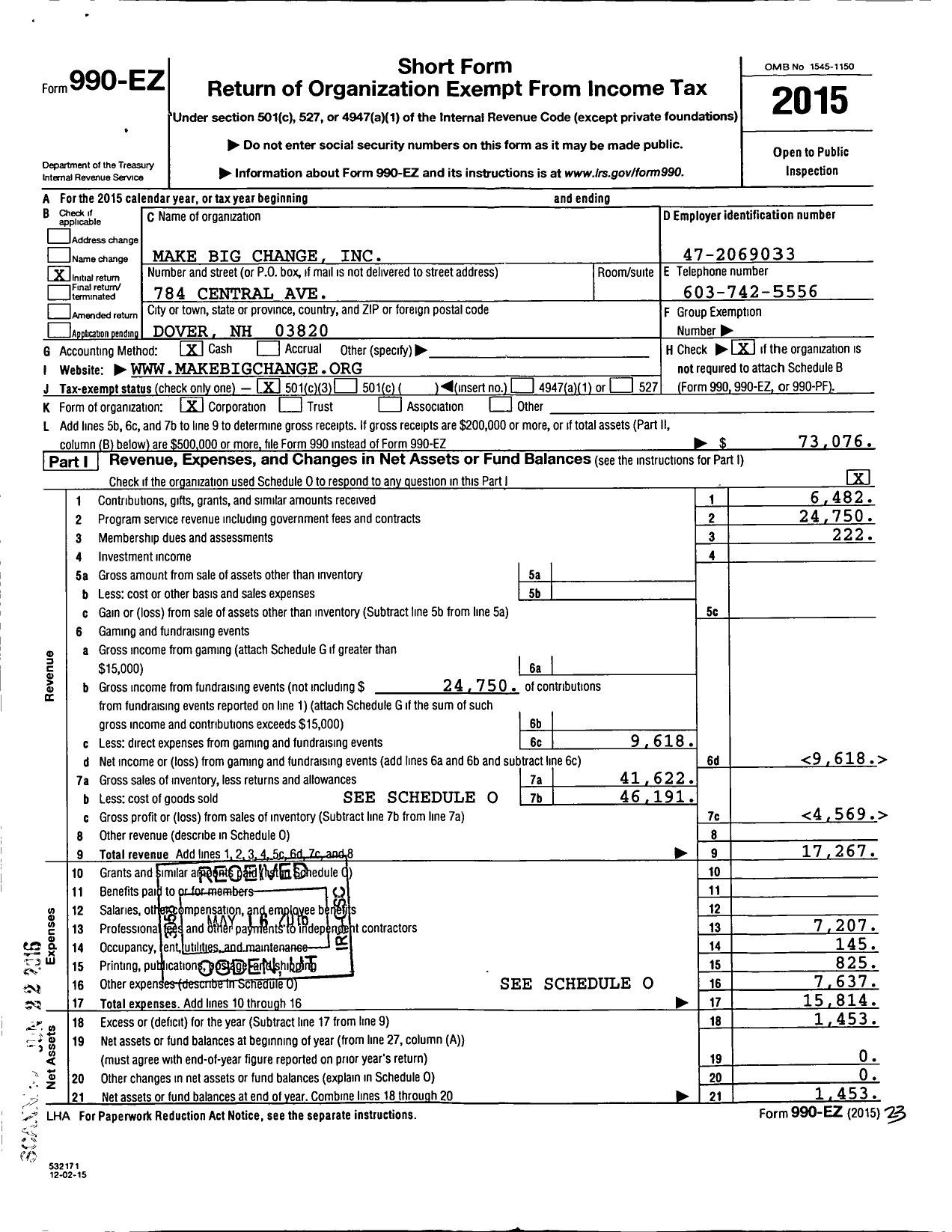 Image of first page of 2015 Form 990EZ for Make Big Change