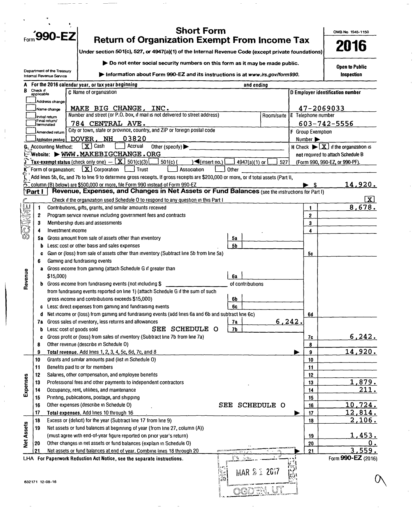Image of first page of 2016 Form 990EZ for Make Big Change