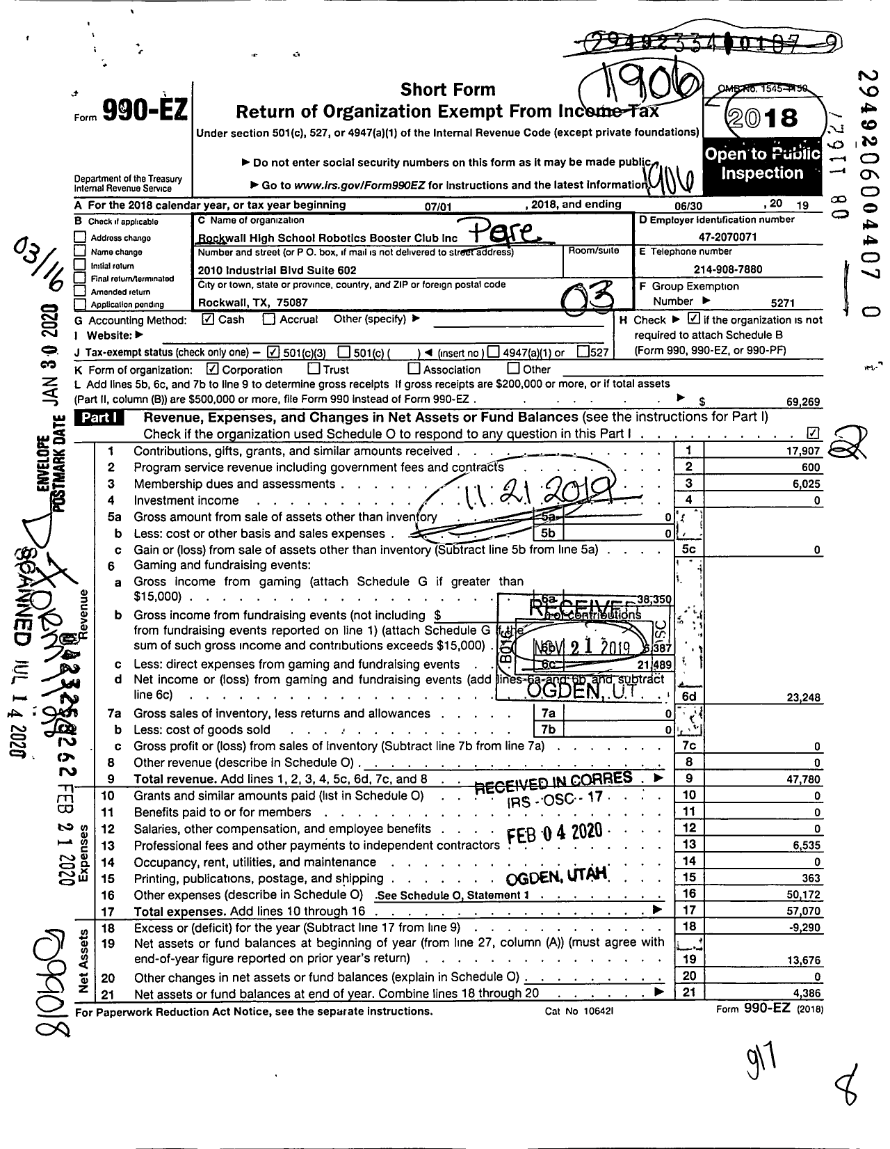 Image of first page of 2018 Form 990EZ for Rockwall High School Robotics Booster Club