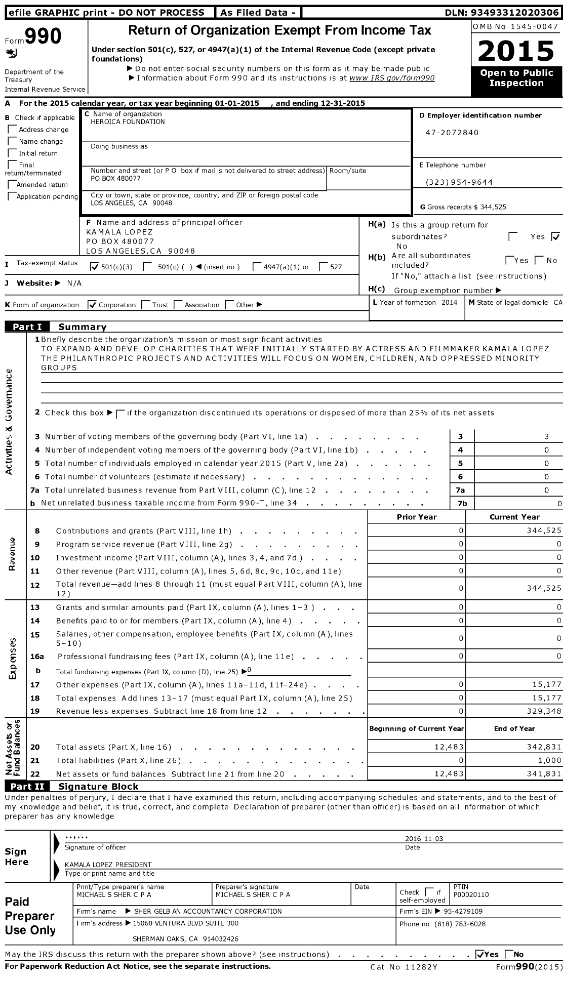 Image of first page of 2015 Form 990 for Heroica Foundation