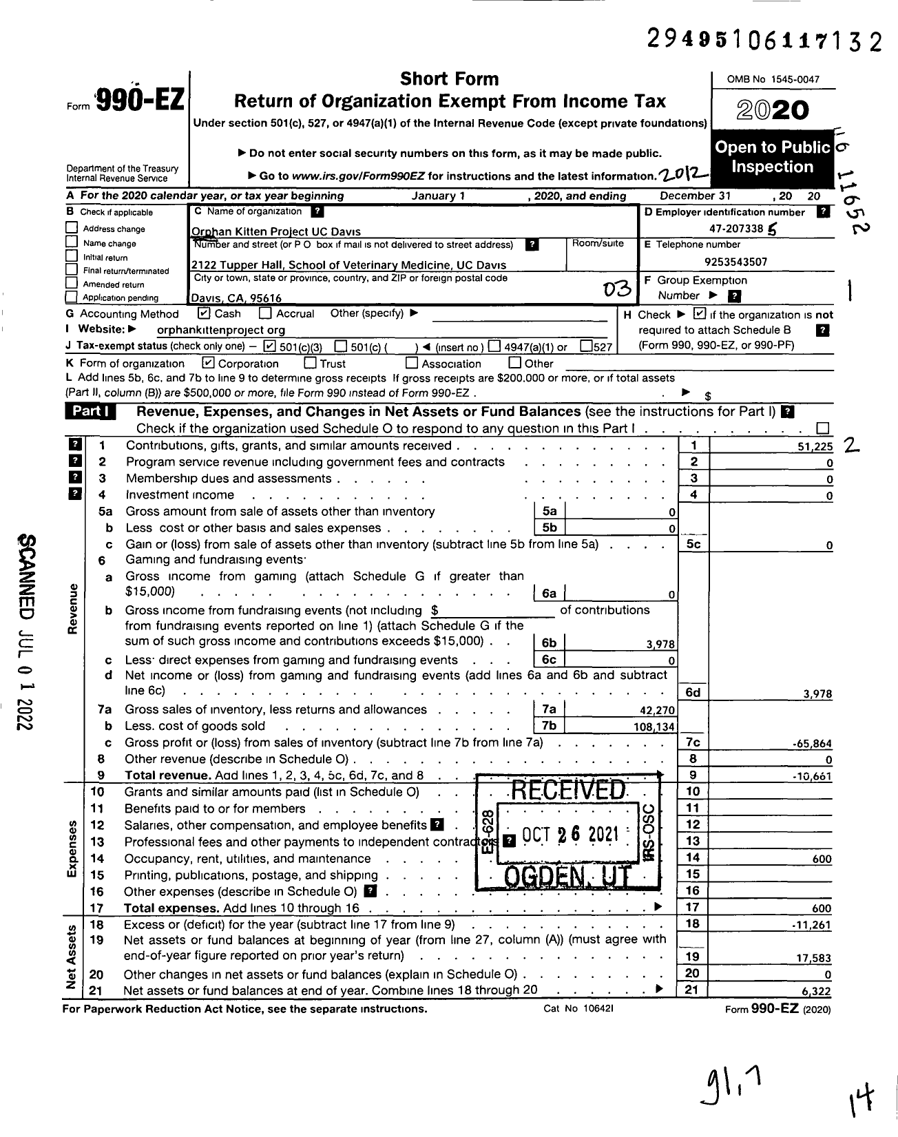 Image of first page of 2020 Form 990EZ for Orphan Kitten Project At UC Davis