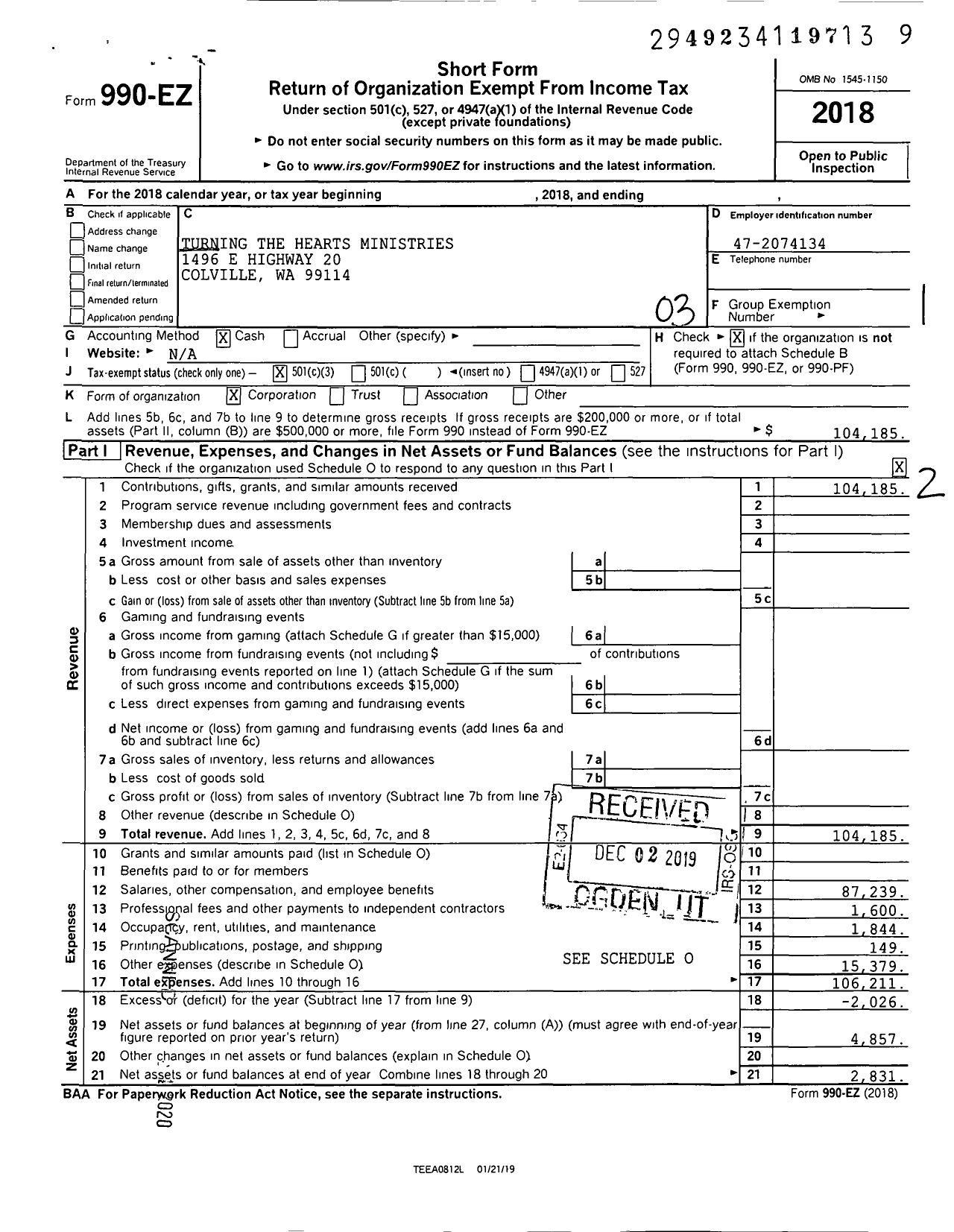 Image of first page of 2018 Form 990EZ for Turning the Hearts Ministries