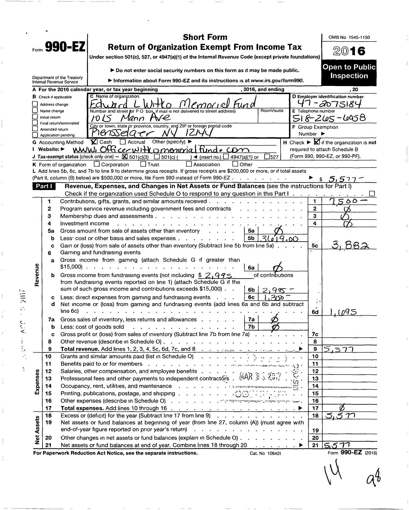 Image of first page of 2016 Form 990EZ for Edward L Witko Memorial Fund