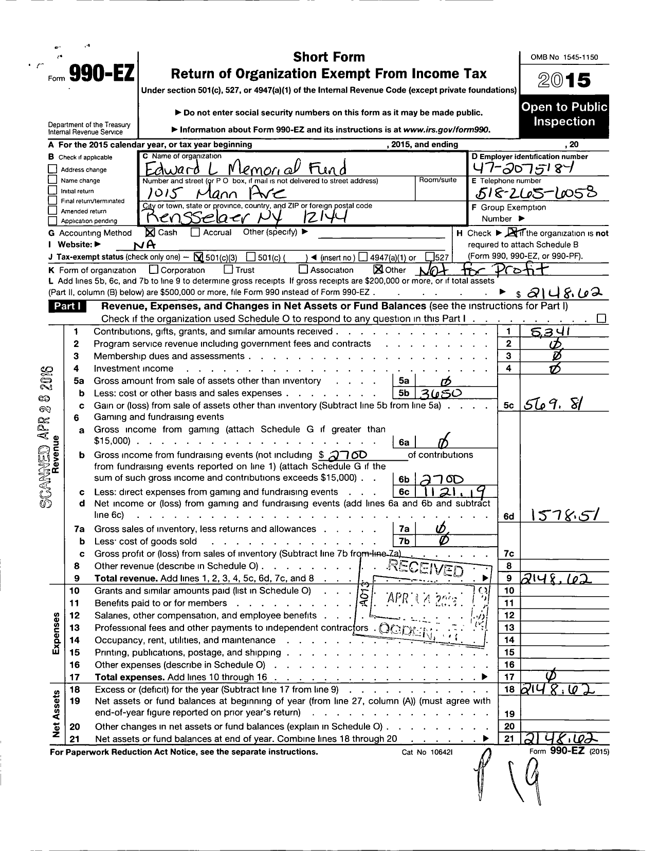 Image of first page of 2015 Form 990EZ for Edward L Witko Memorial Fund