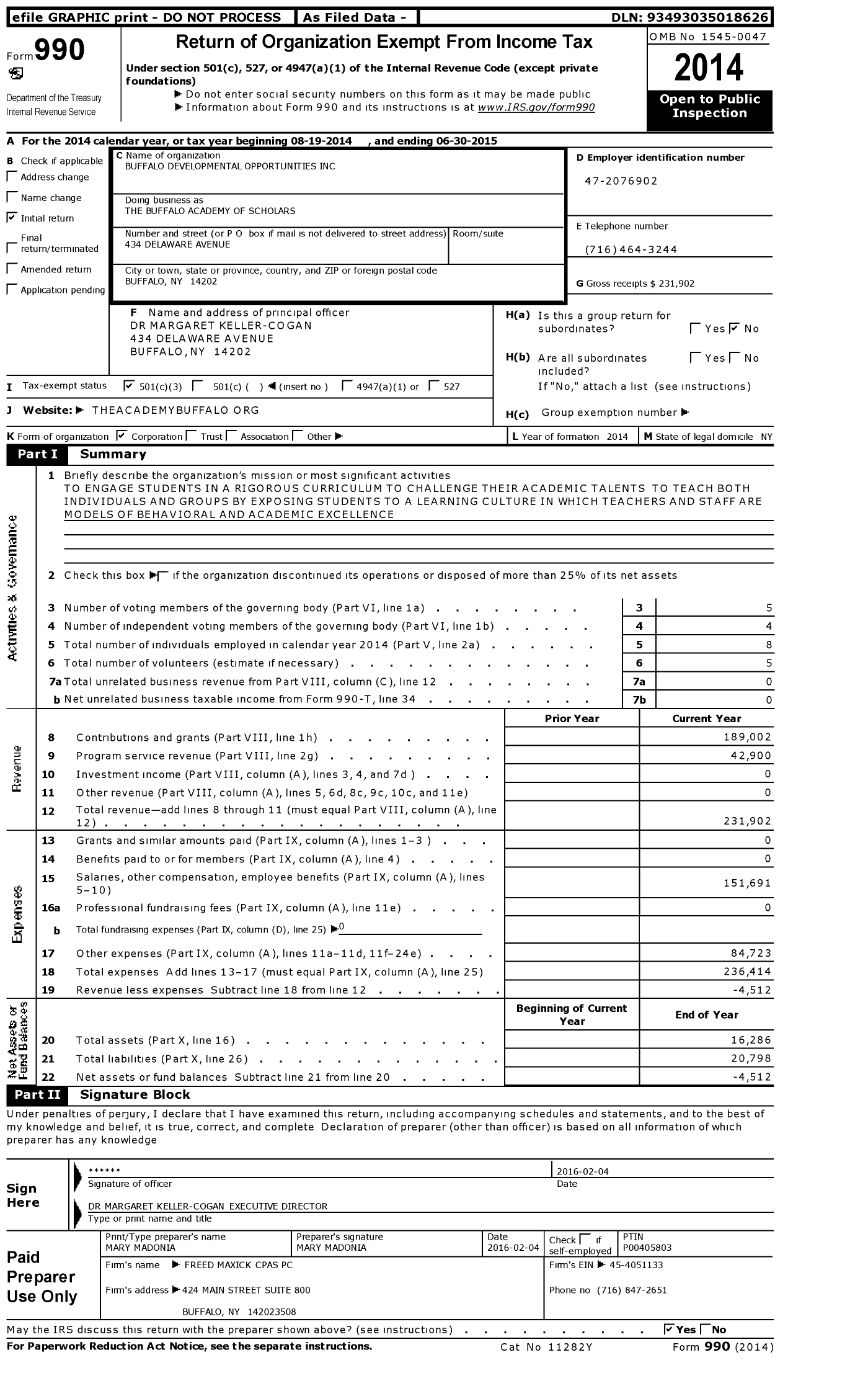Image of first page of 2014 Form 990 for Buffalo Developmental Opportunities