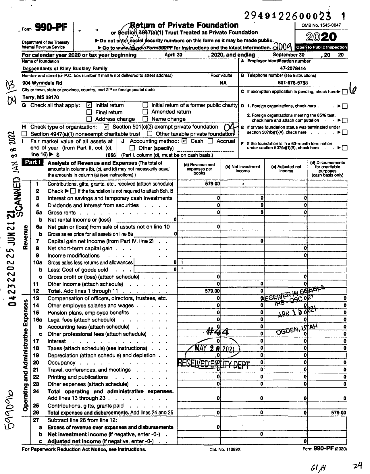 Image of first page of 2019 Form 990PF for Descendants of Riley Buckley Family