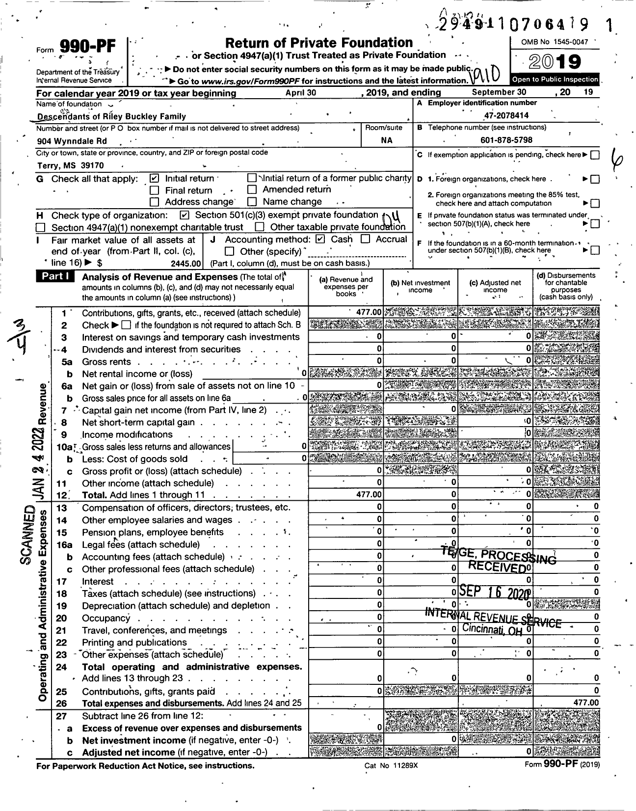 Image of first page of 2018 Form 990PF for Descendants of Riley Buckley Family