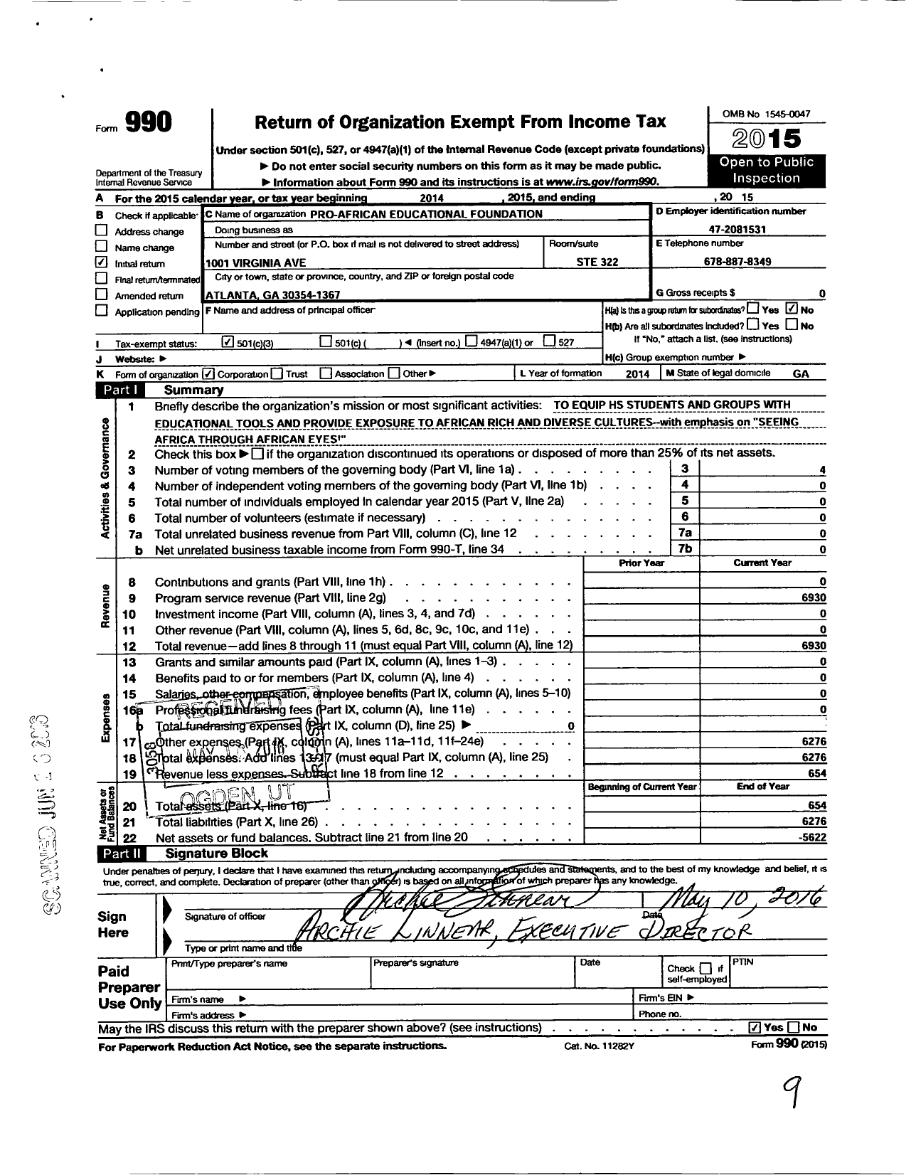 Image of first page of 2015 Form 990 for Pro-African Educational Foundation