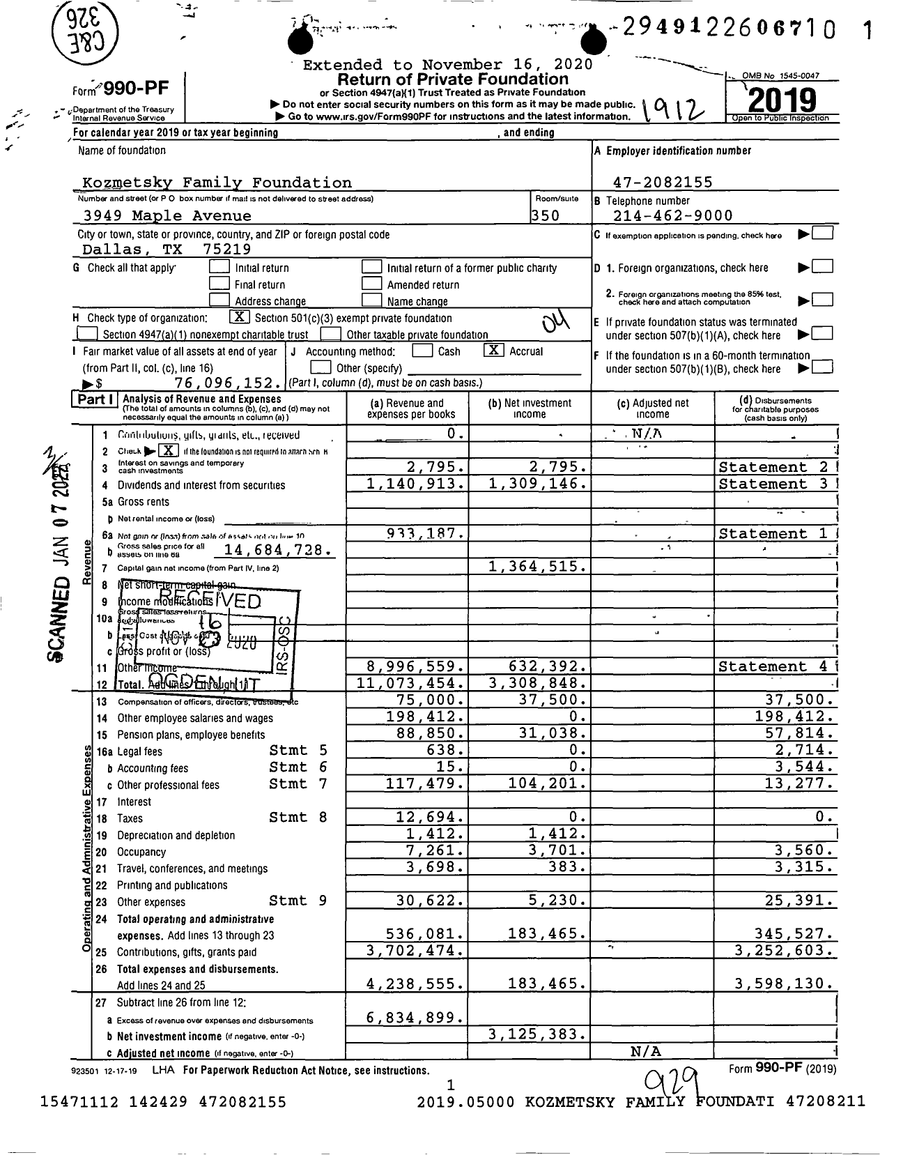 Image of first page of 2019 Form 990PF for Kozmetsky Family Foundation