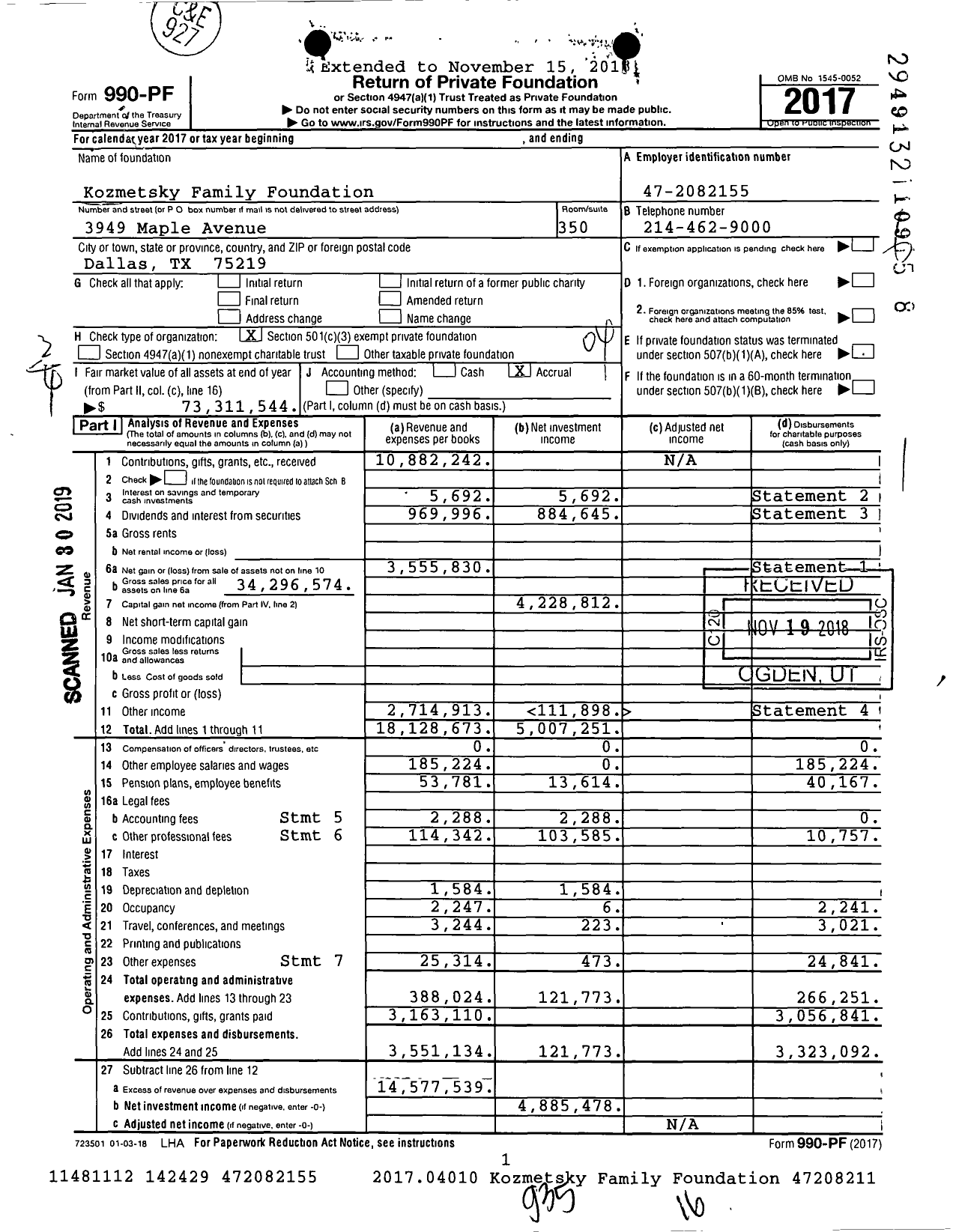 Image of first page of 2017 Form 990PF for Kozmetsky Family Foundation