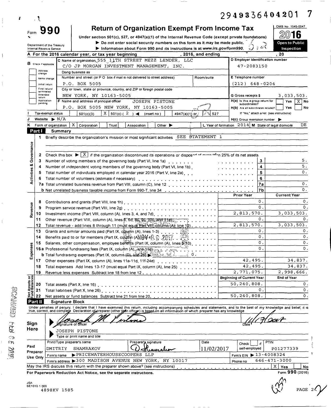 Image of first page of 2016 Form 990O for 555 11th Street Mezz Lender LLC