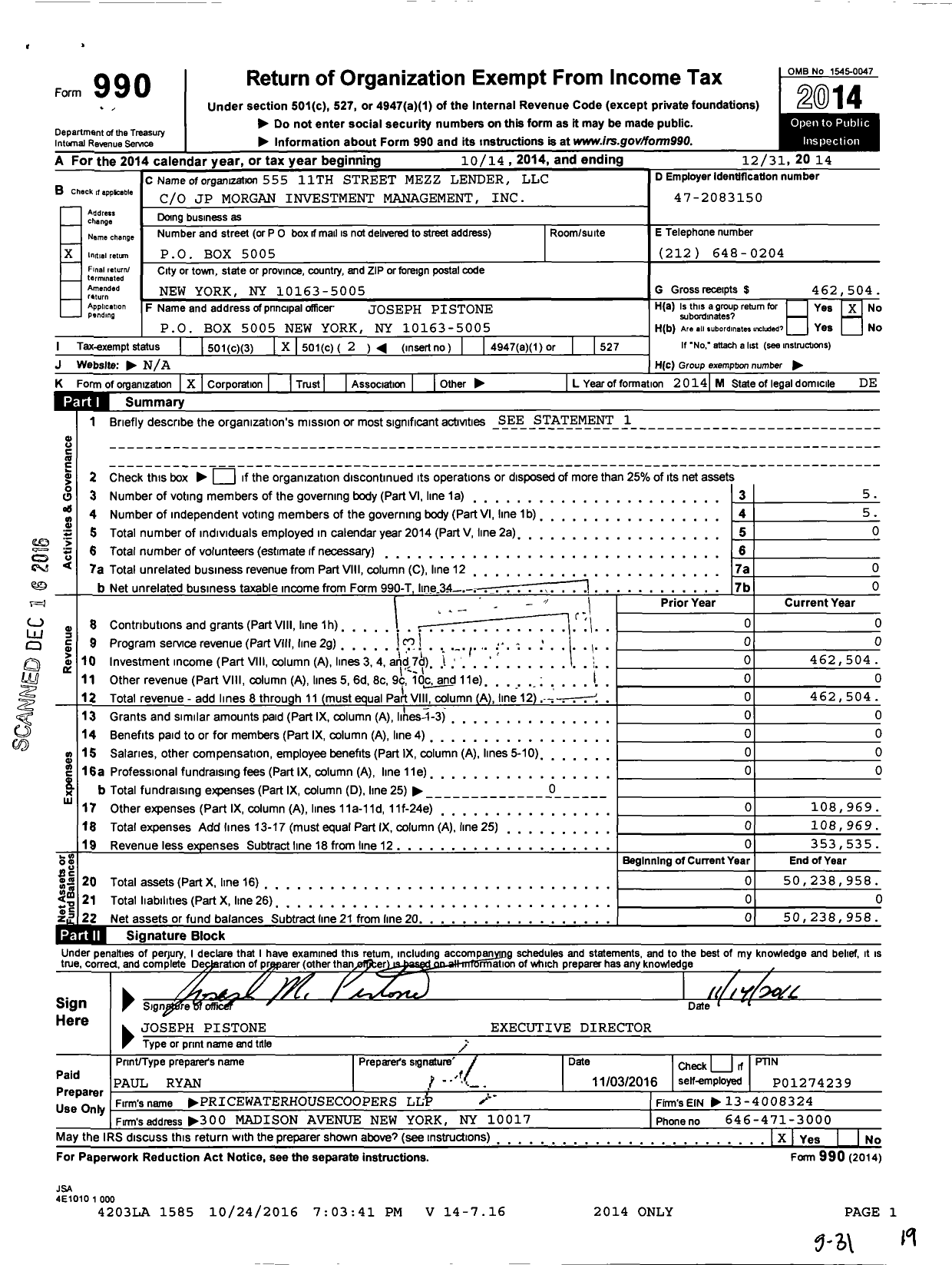 Image of first page of 2014 Form 990O for 555 11th Street Mezz Lender LLC